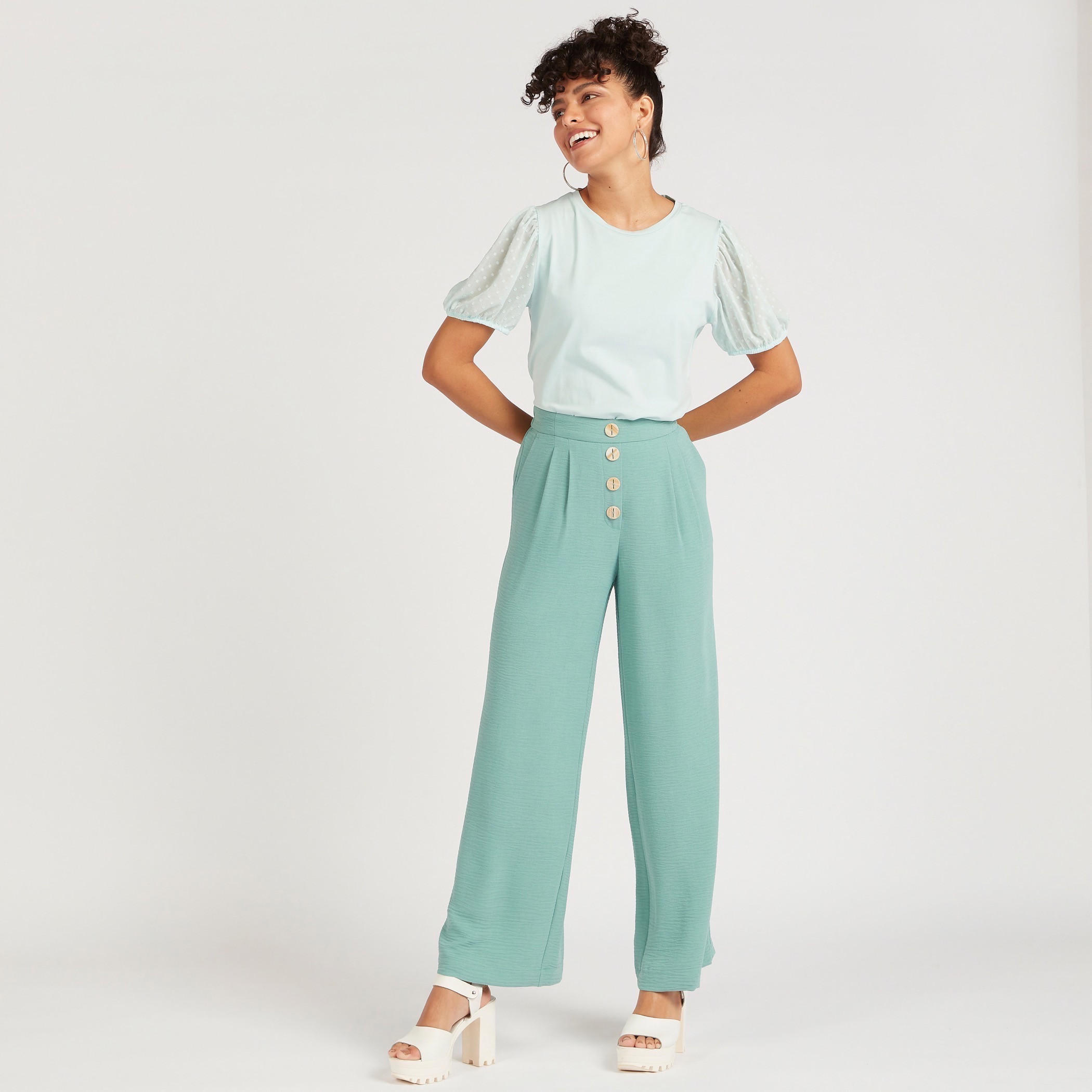 Solid Top with Crew Neck and Short Puff Sleeves-women-clothing-shirtsandblouses-blouses-image-2