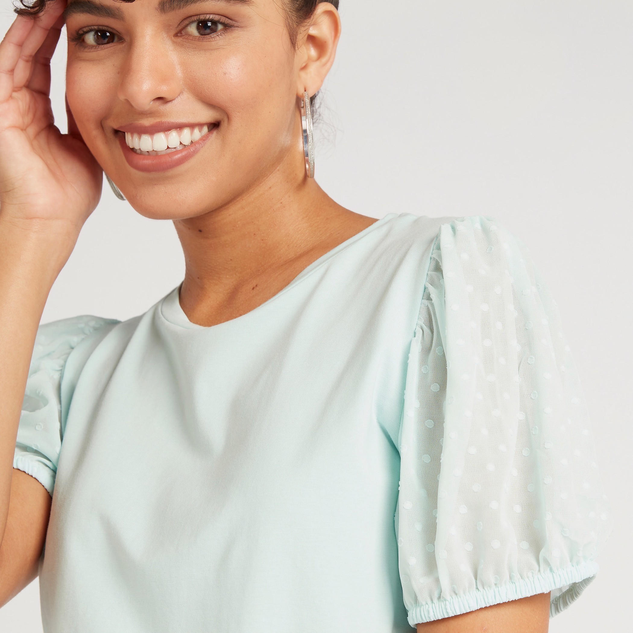 Solid Top with Crew Neck and Short Puff Sleeves-women-clothing-shirtsandblouses-blouses-image-3