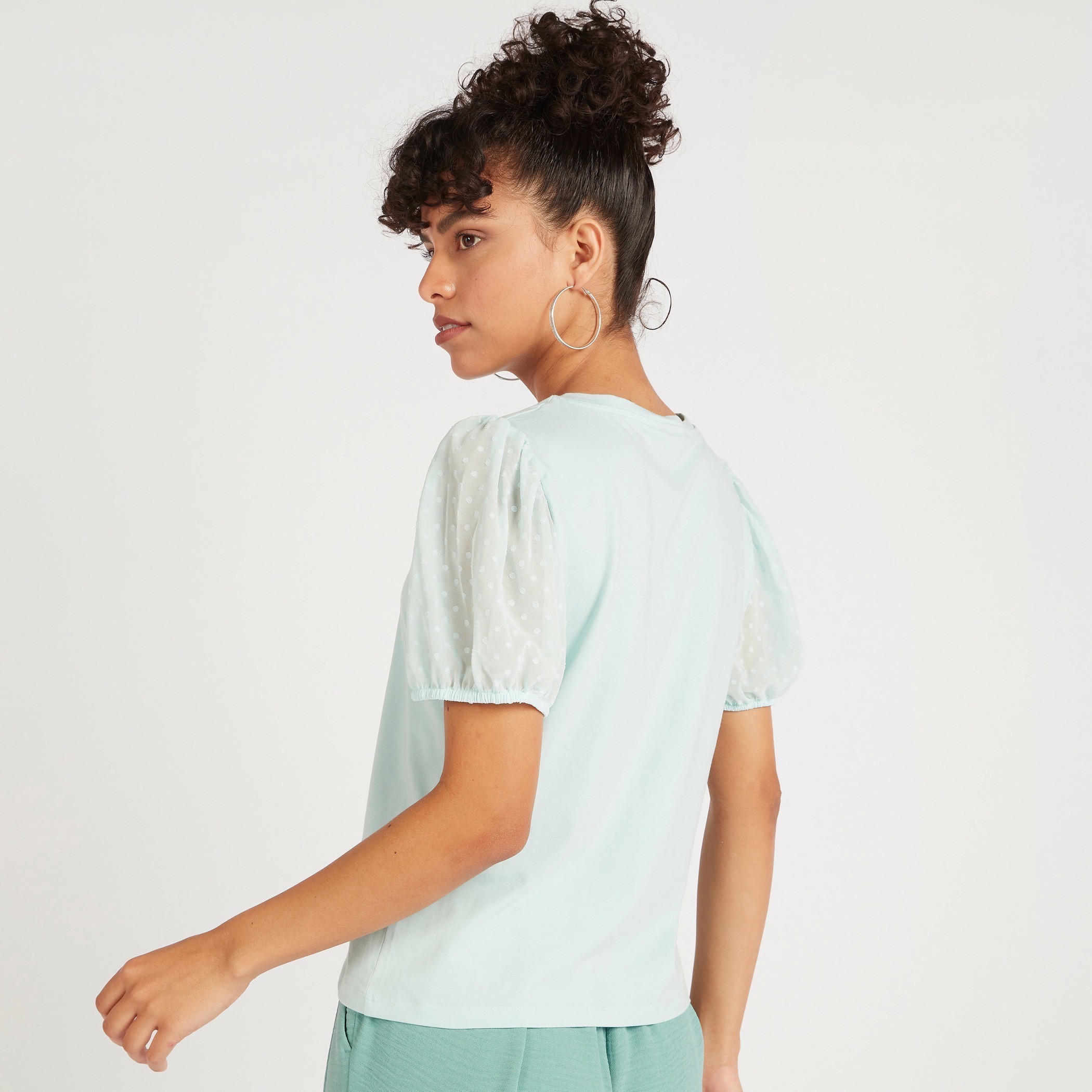 Solid Top with Crew Neck and Short Puff Sleeves-women-clothing-shirtsandblouses-blouses-image-4
