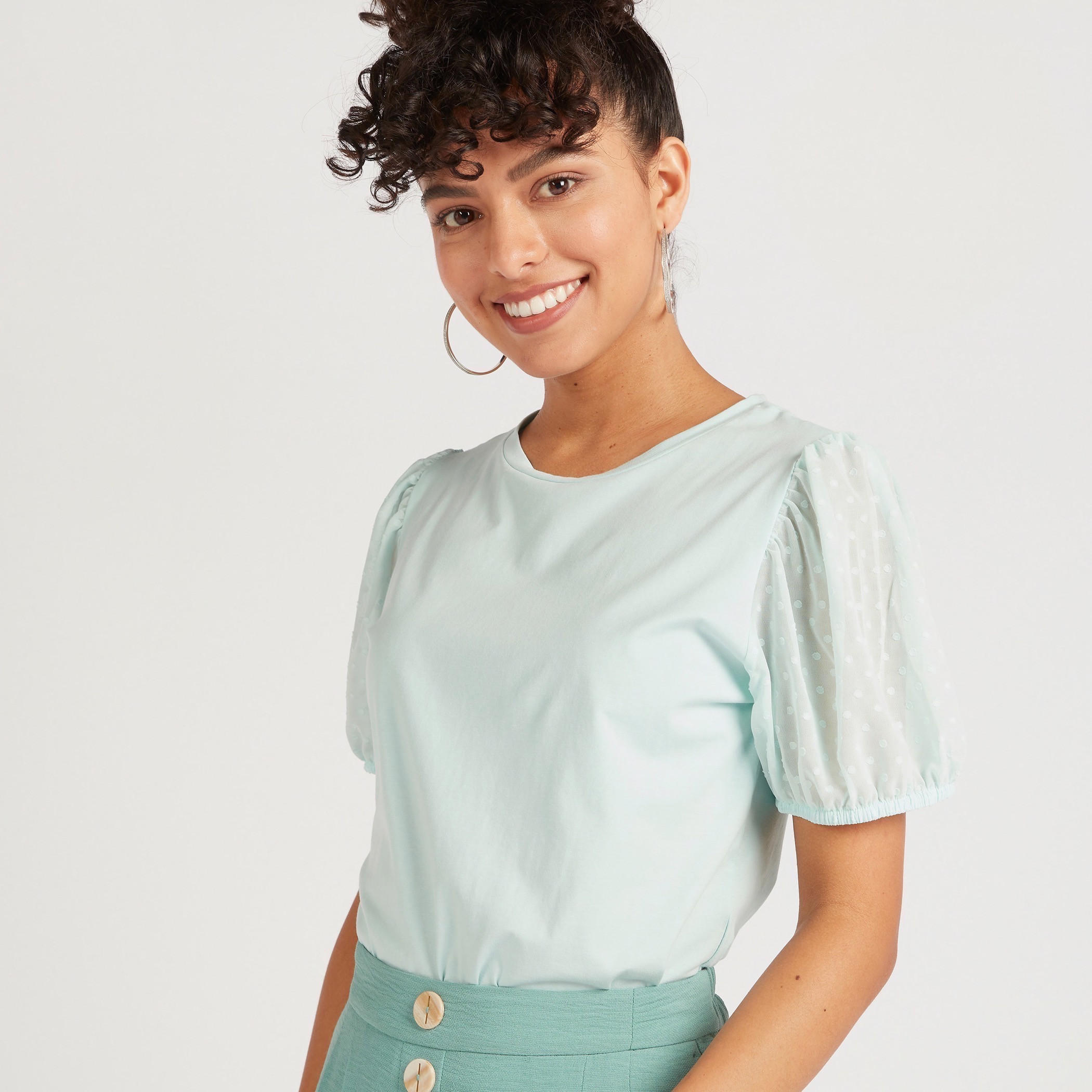 Solid Top with Crew Neck and Short Puff Sleeves-women-clothing-shirtsandblouses-blouses-image-5