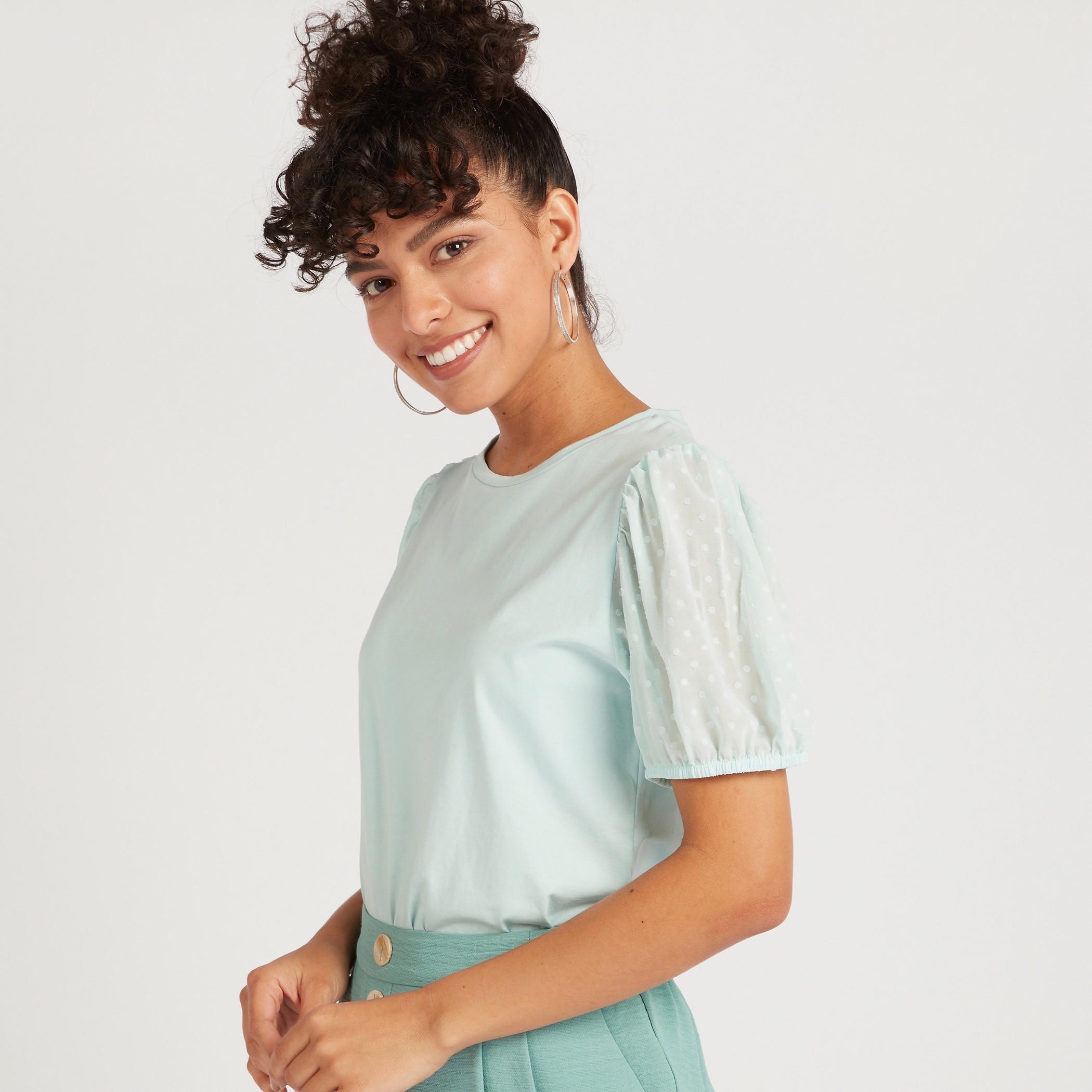 Solid Top with Crew Neck and Short Puff Sleeves-women-clothing-shirtsandblouses-blouses-image-6