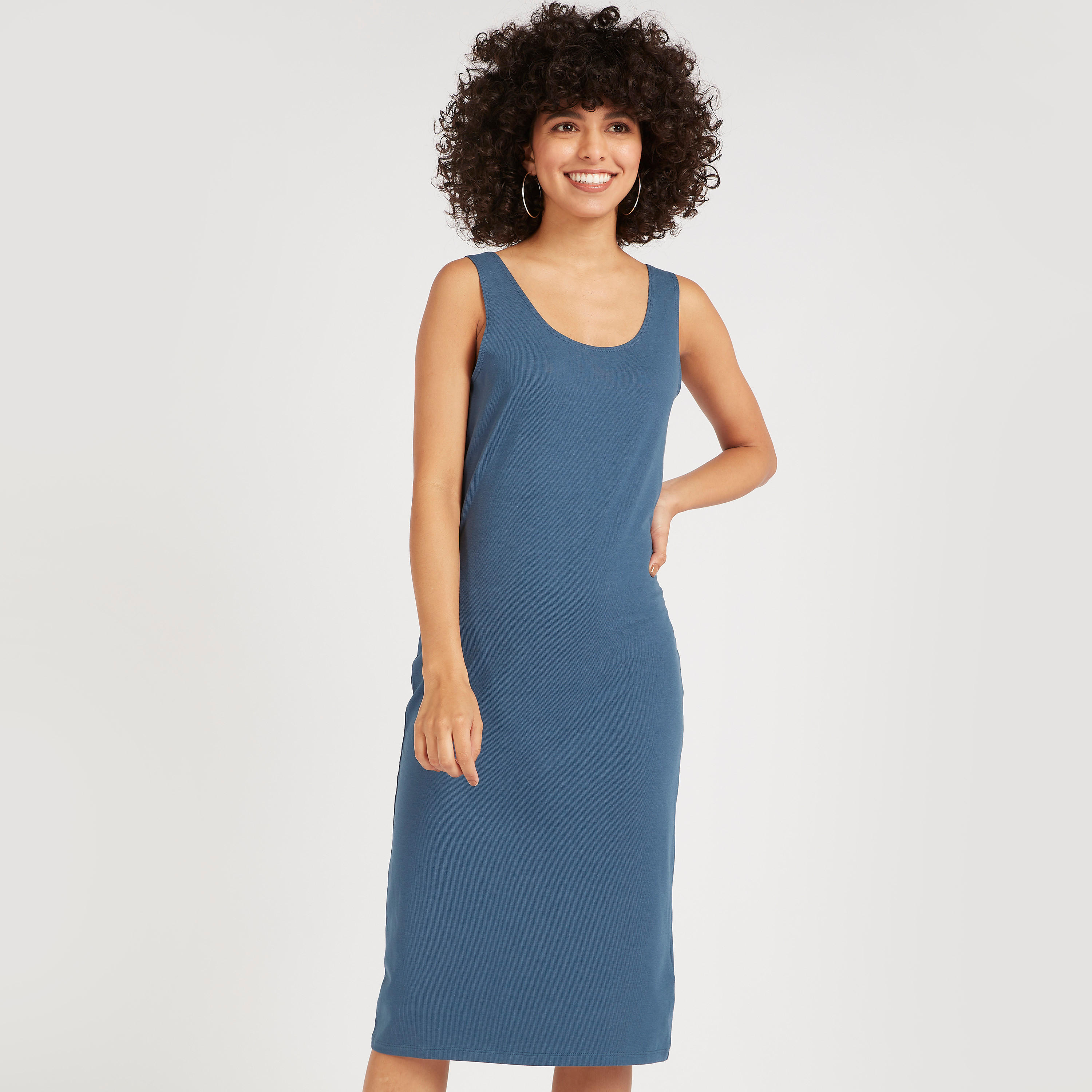 فستان ميدي واسع دون أكمام سادة بياقة عميقة-women-clothing-dresses-image-5