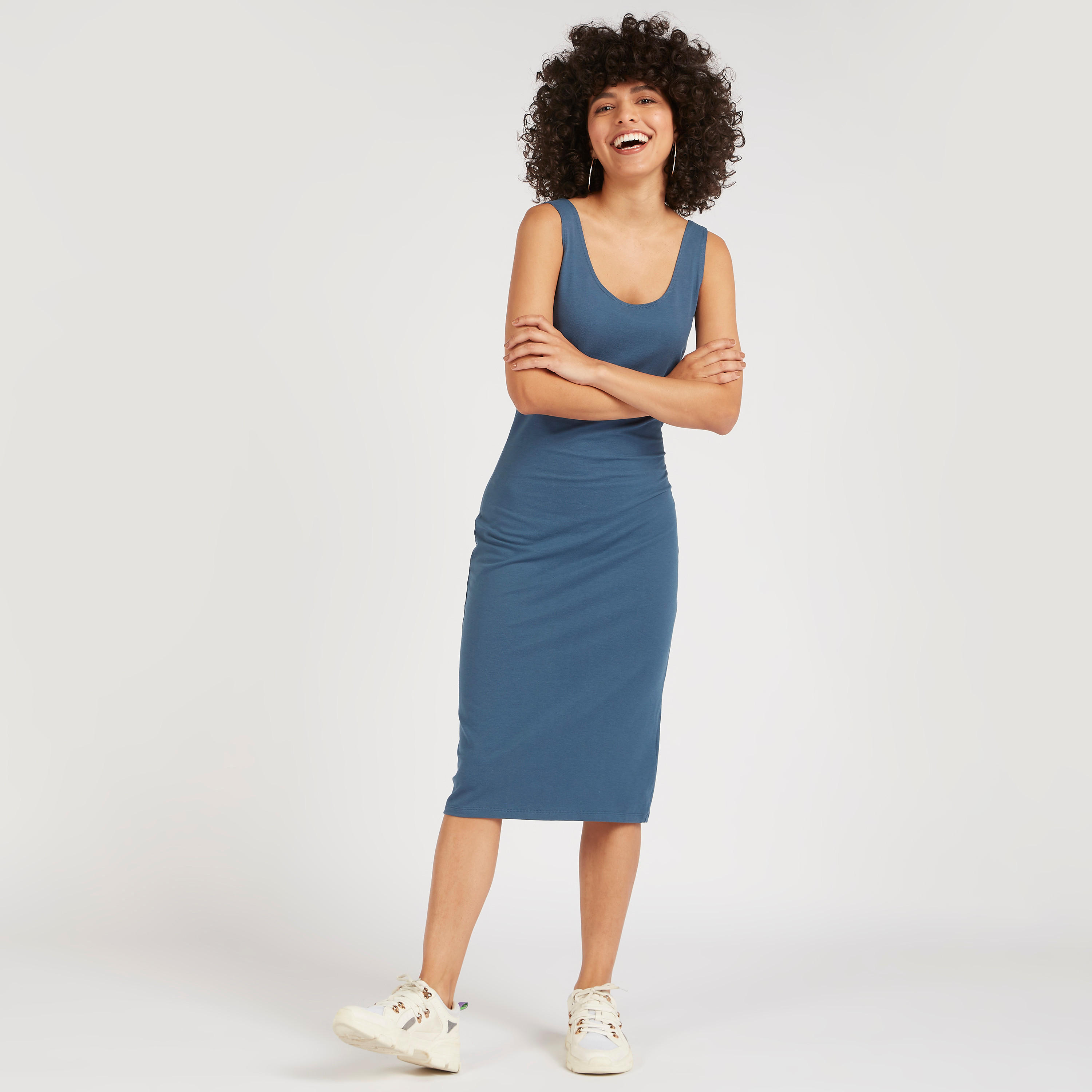 فستان ميدي واسع دون أكمام سادة بياقة عميقة-women-clothing-dresses-image-1