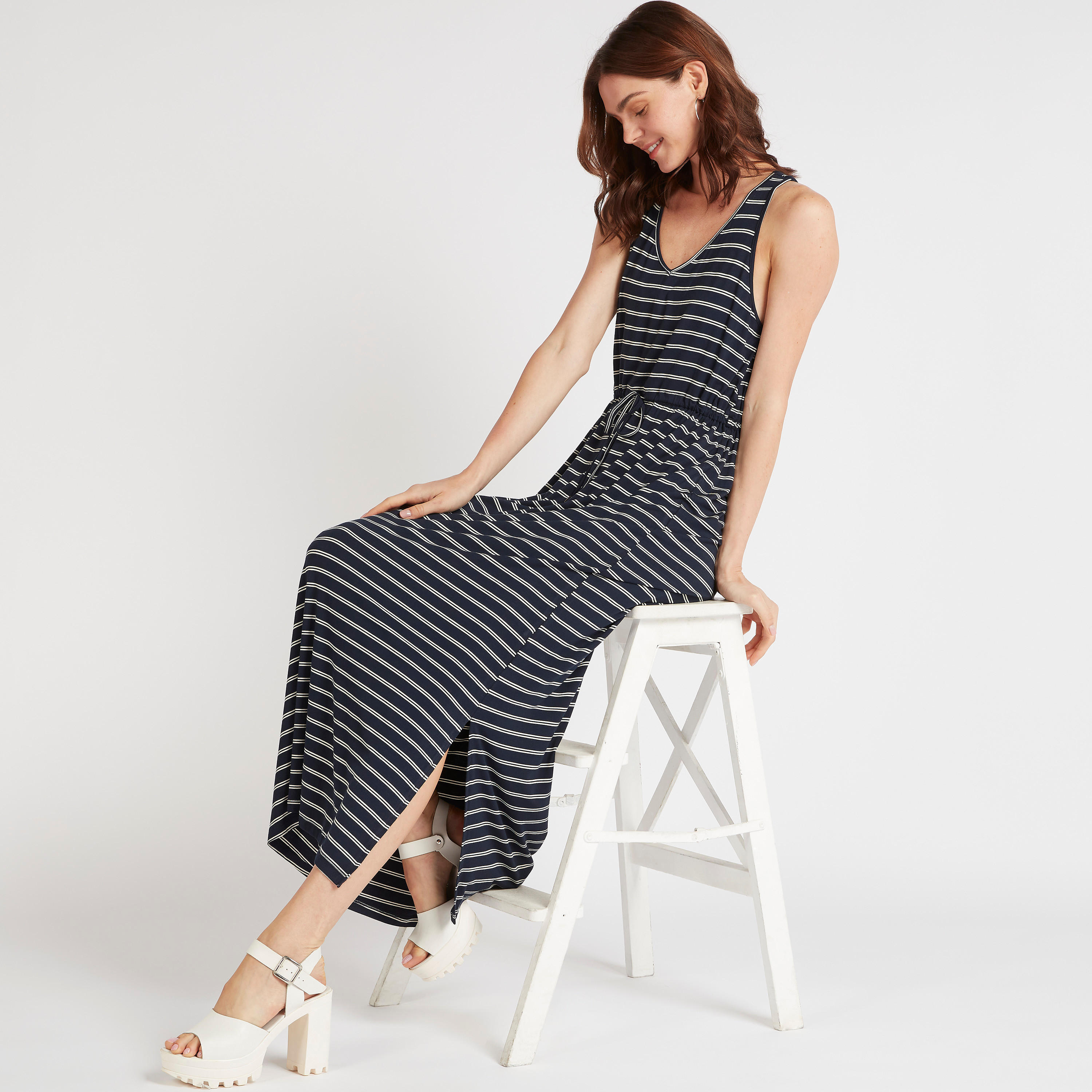 Striped Sleeveless Maxi A-line Dress with Drawstring Waist-women-clothing-dresses-image-2