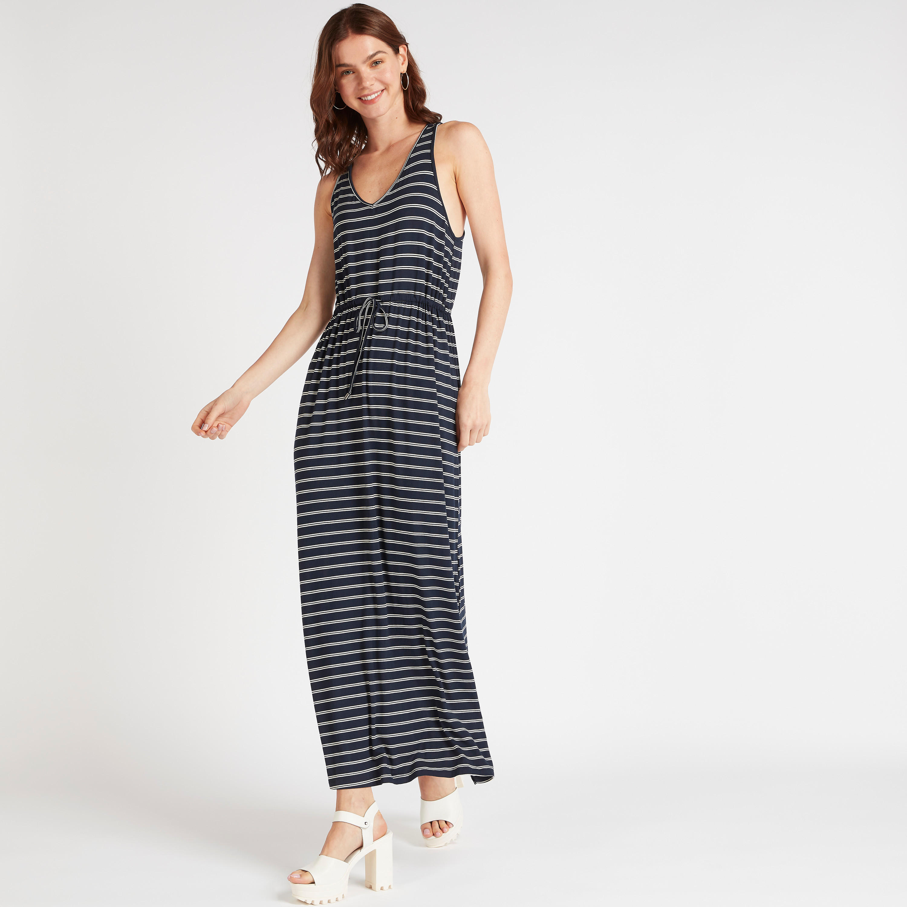 Striped Sleeveless Maxi A-line Dress with Drawstring Waist-women-clothing-dresses-image-1