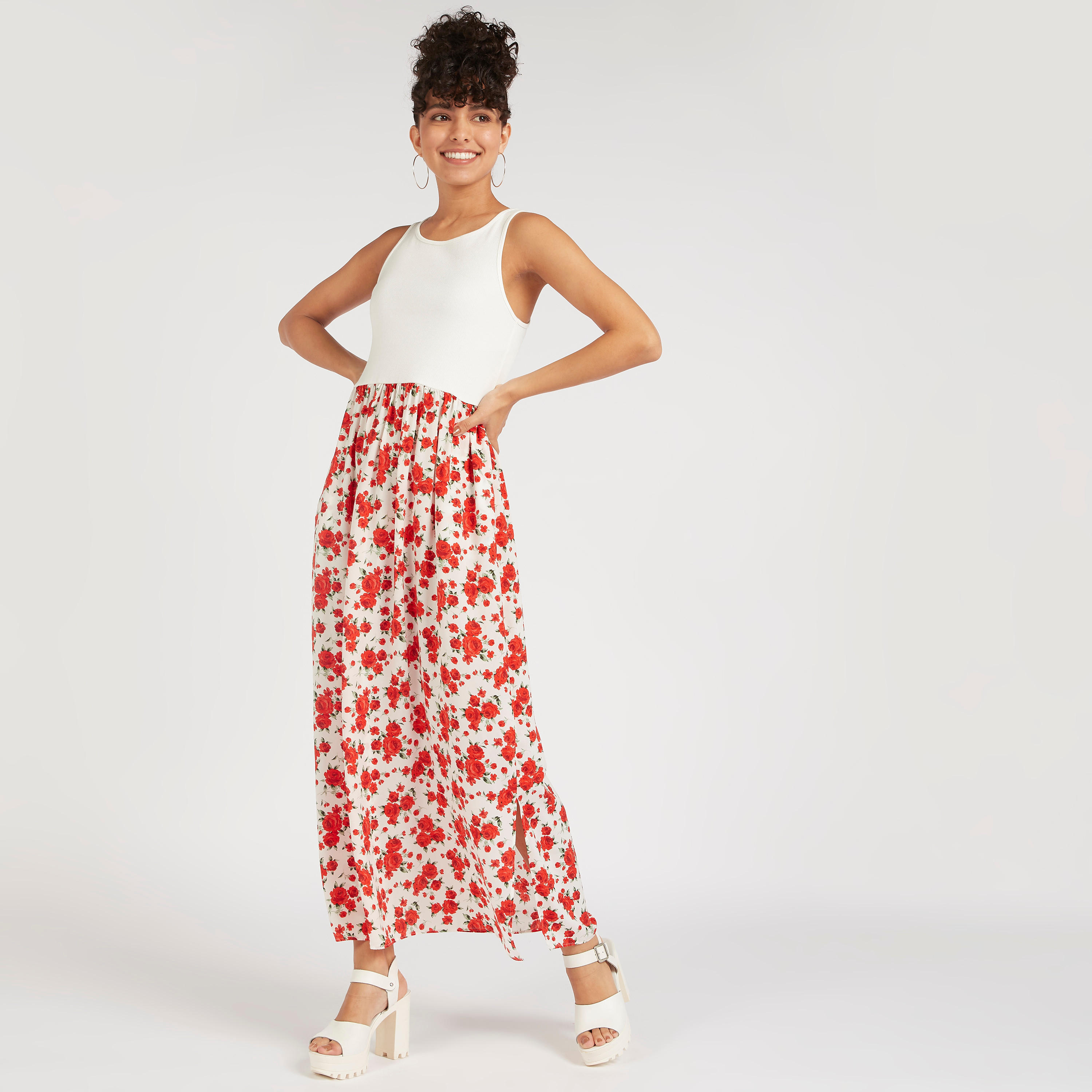 فستان ميدي إيه لاين دون أكمام بياقة مستديرة وطبعات-women-clothing-dresses-image-1