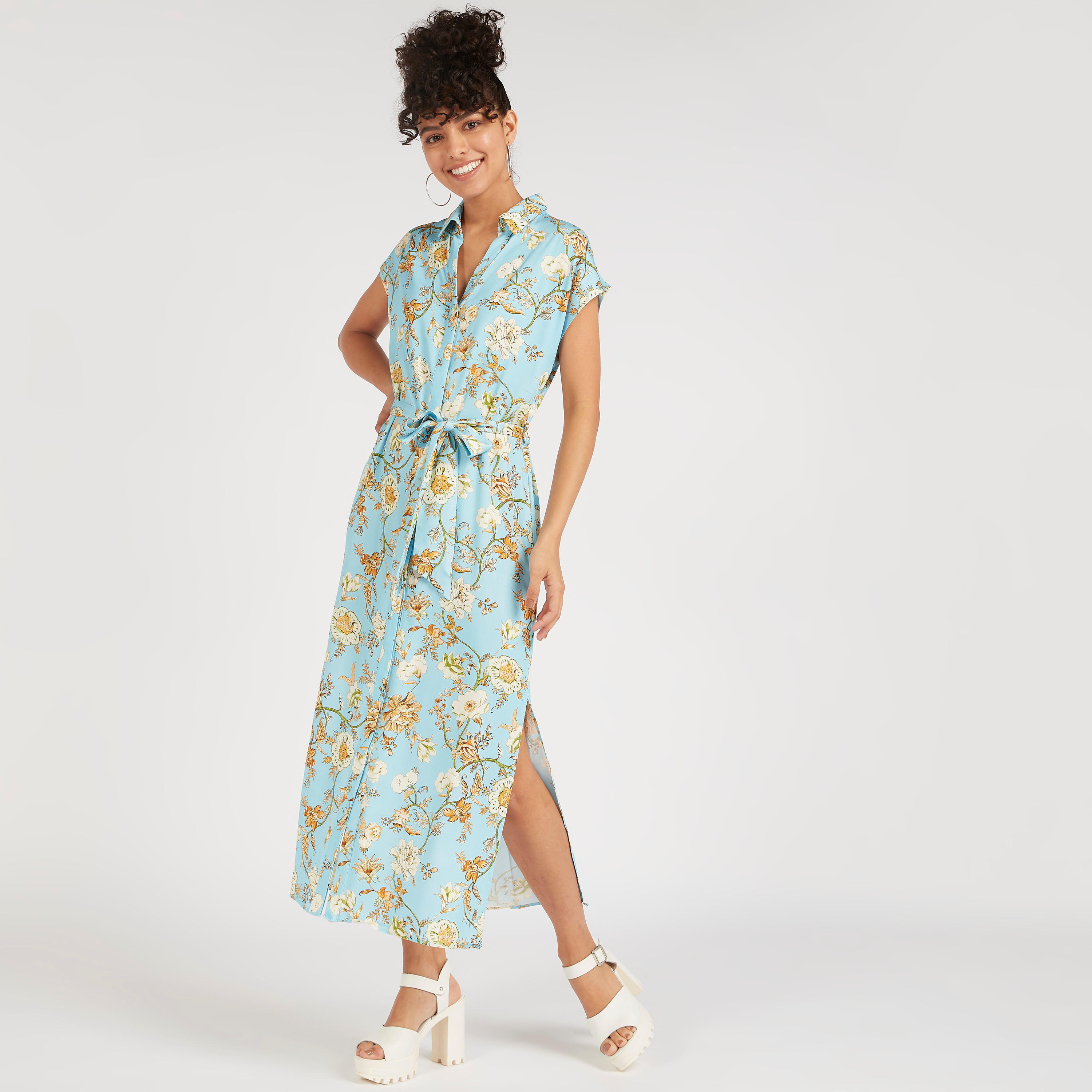 فستان إيه لاين ميدي بطبعات أزهار وأربطة خصر وأكمام كاب-women-clothing-dresses-image-1