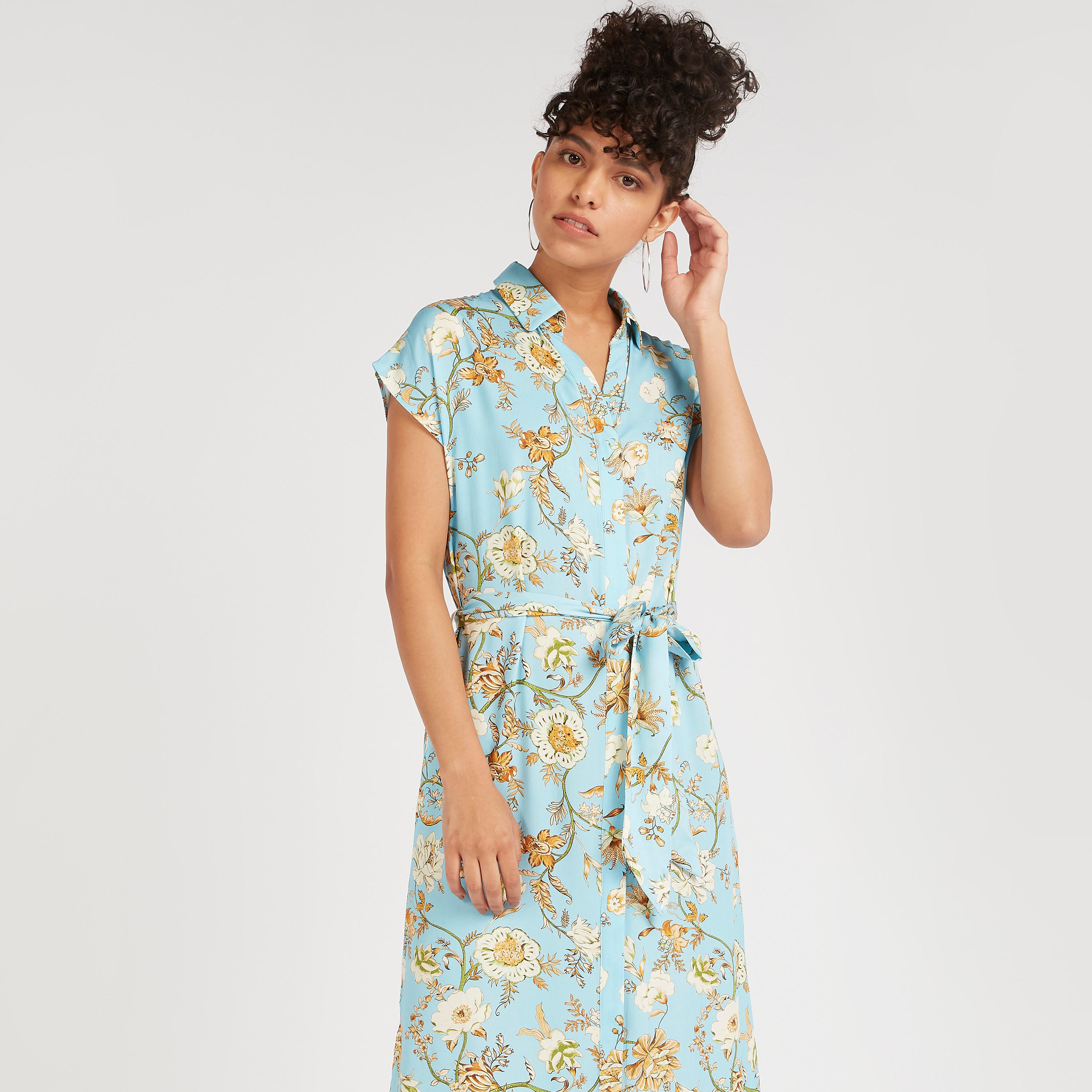 فستان إيه لاين ميدي بطبعات أزهار وأربطة خصر وأكمام كاب-women-clothing-dresses-image-2