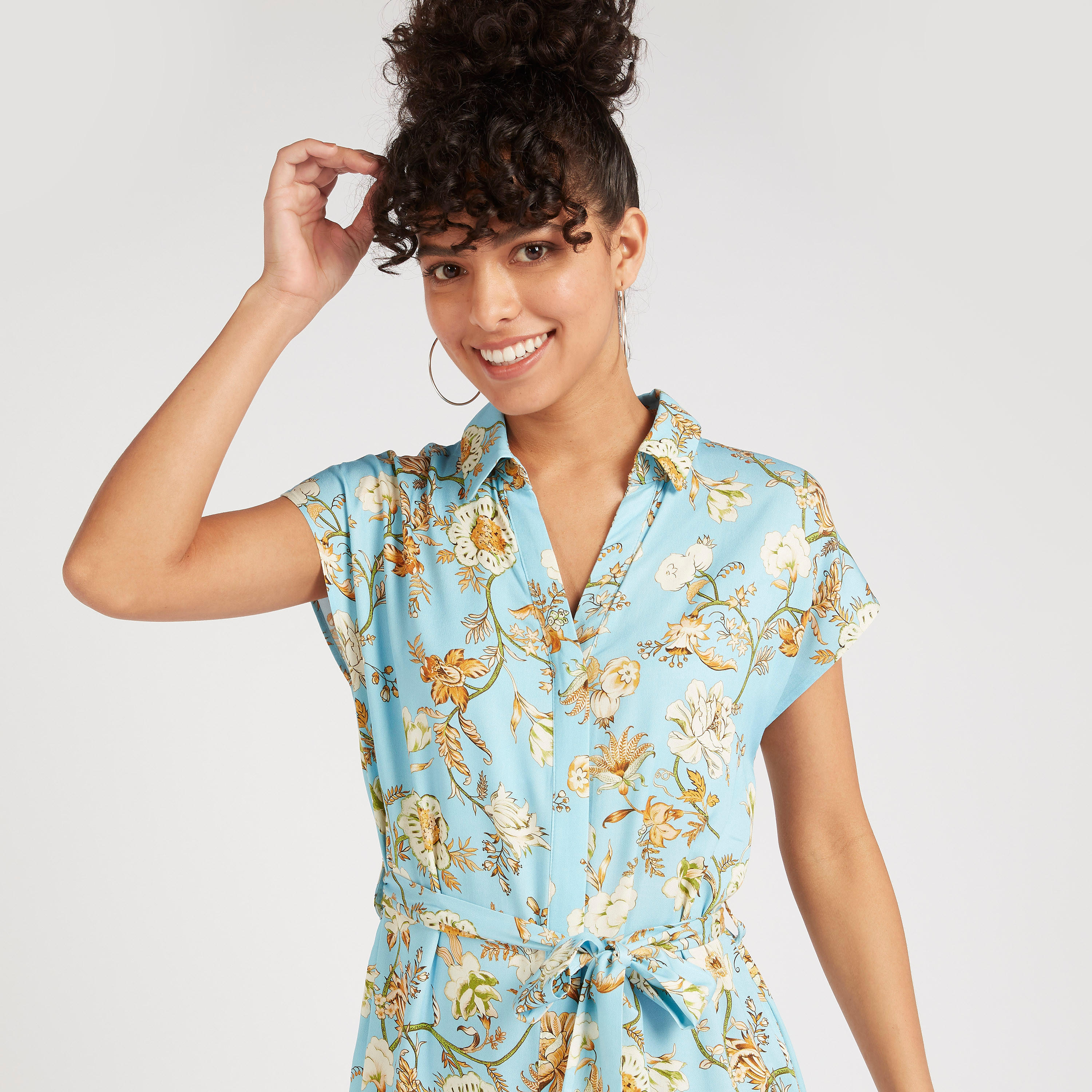 فستان إيه لاين ميدي بطبعات أزهار وأربطة خصر وأكمام كاب-women-clothing-dresses-image-3