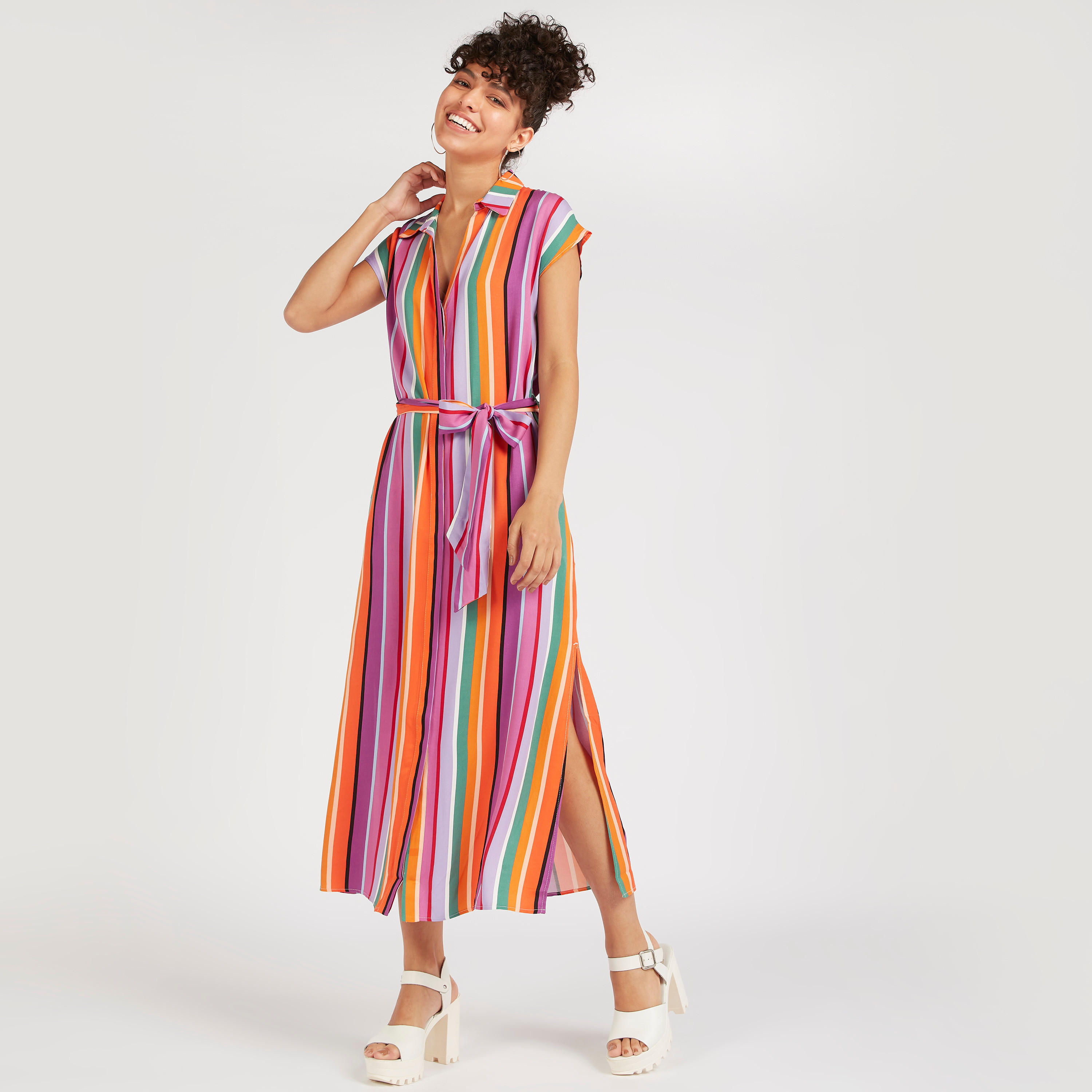 Striped Midi A-line Belted Dress with Cap Sleeves-women-clothing-dresses-image-1