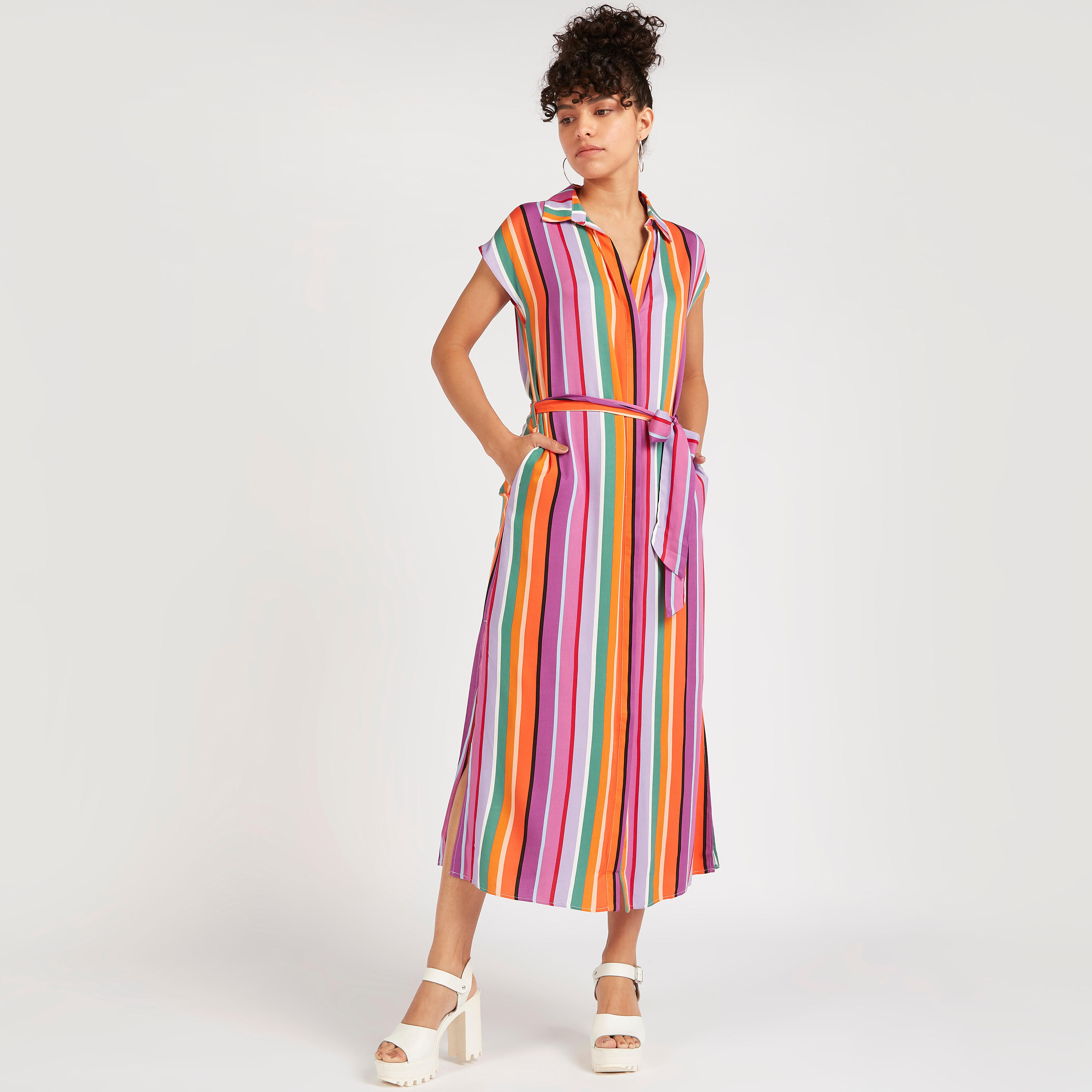 Striped Midi A-line Belted Dress with Cap Sleeves-women-clothing-dresses-image-2