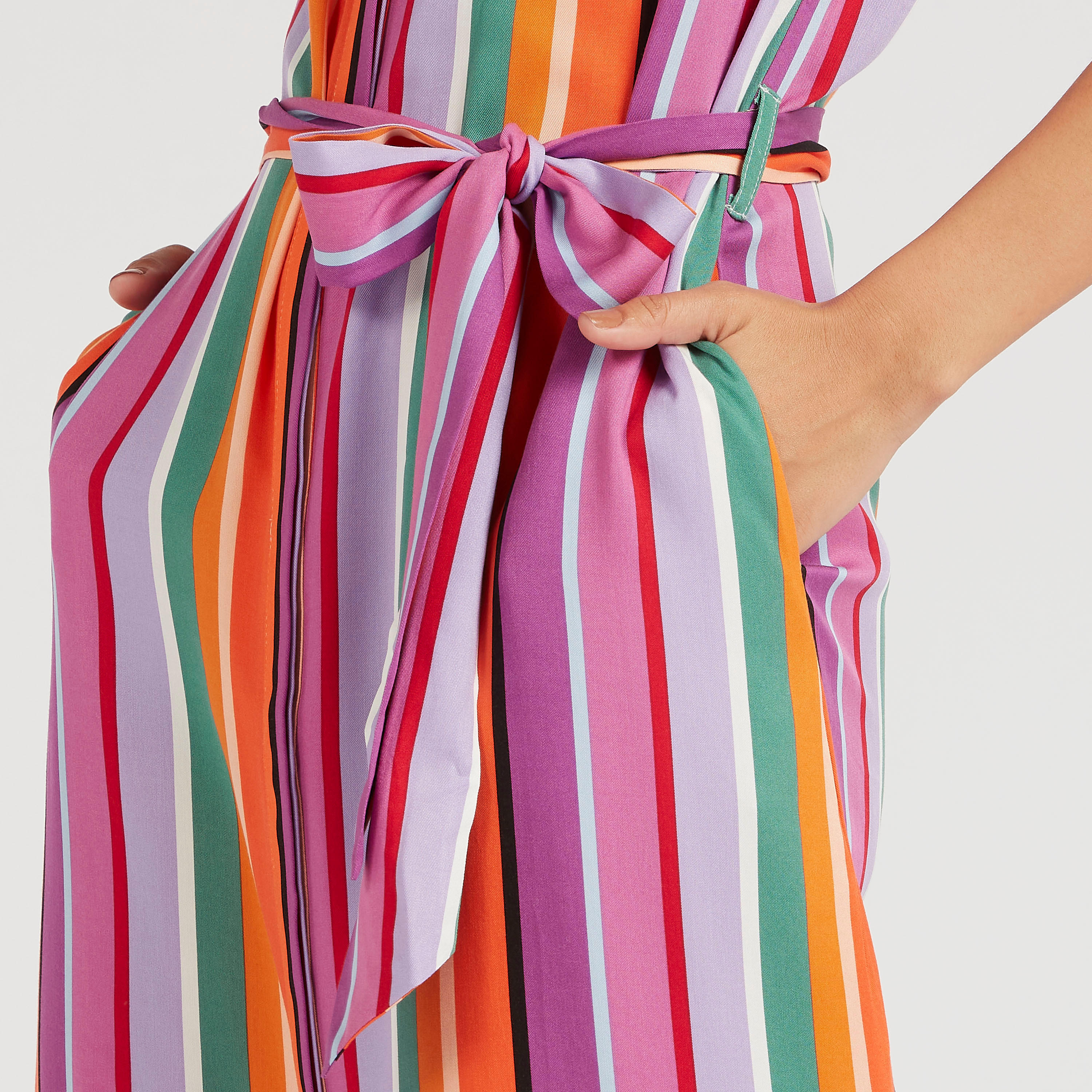 Striped Midi A-line Belted Dress with Cap Sleeves-women-clothing-dresses-image-3
