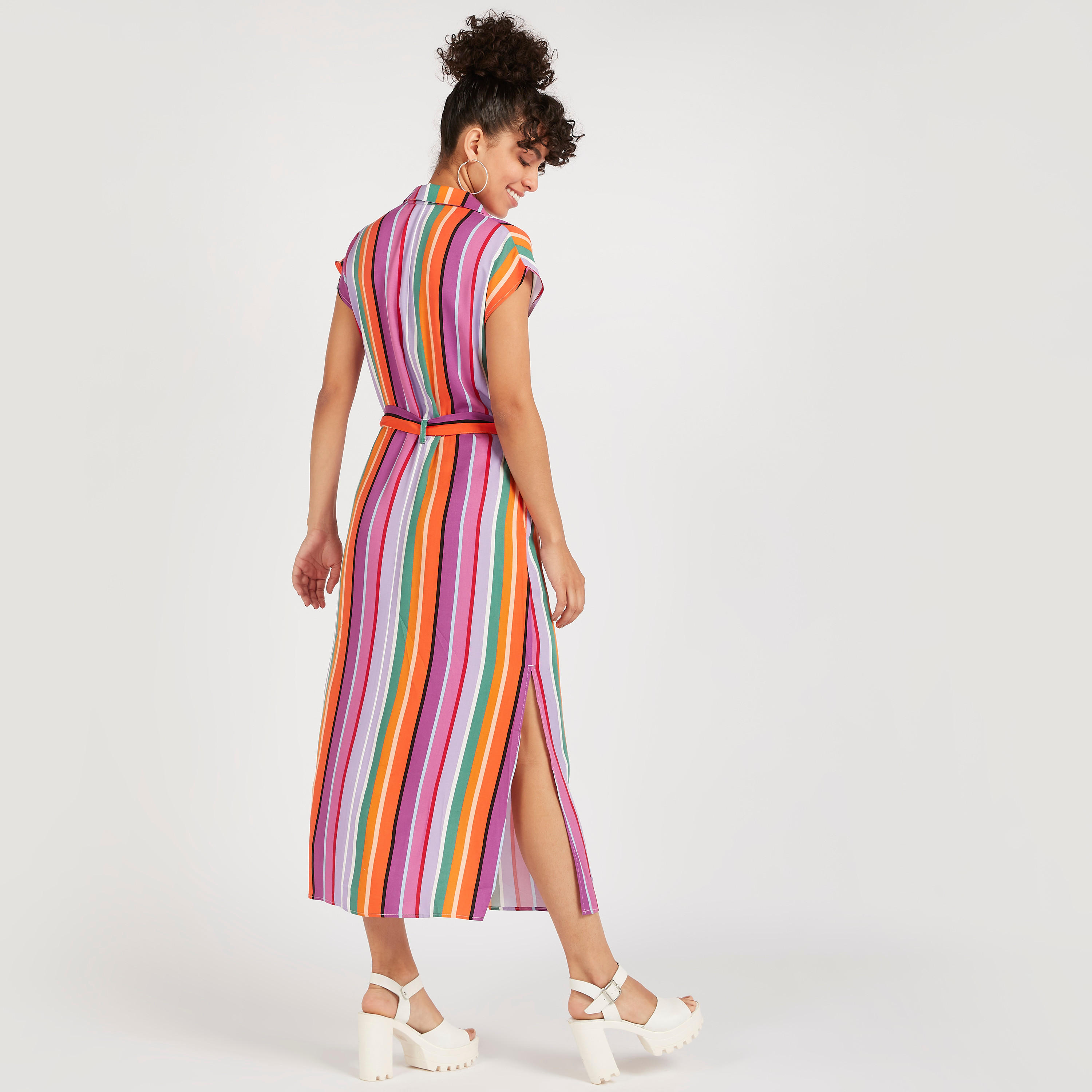 Striped Midi A-line Belted Dress with Cap Sleeves-women-clothing-dresses-image-4