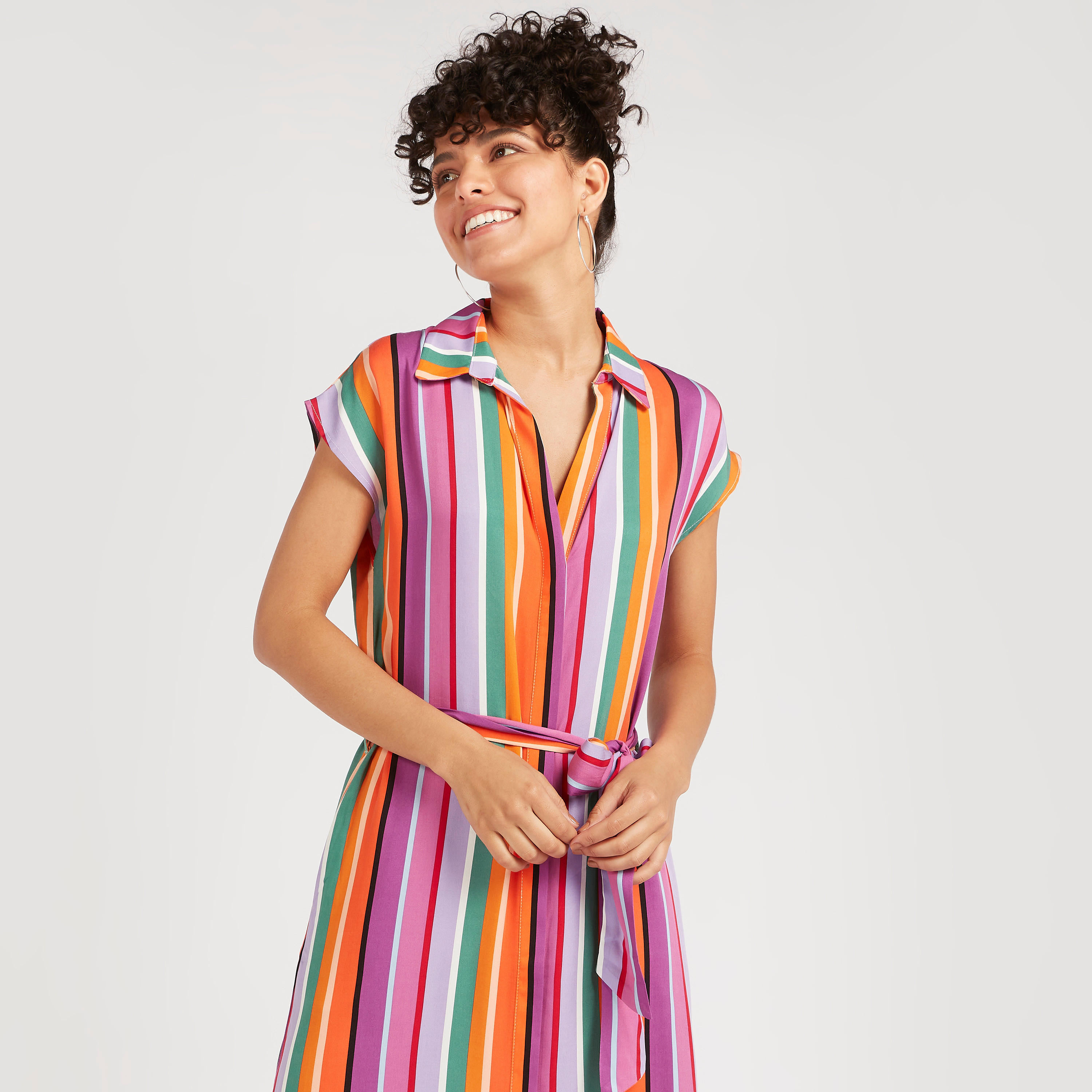 Striped Midi A-line Belted Dress with Cap Sleeves-women-clothing-dresses-image-5