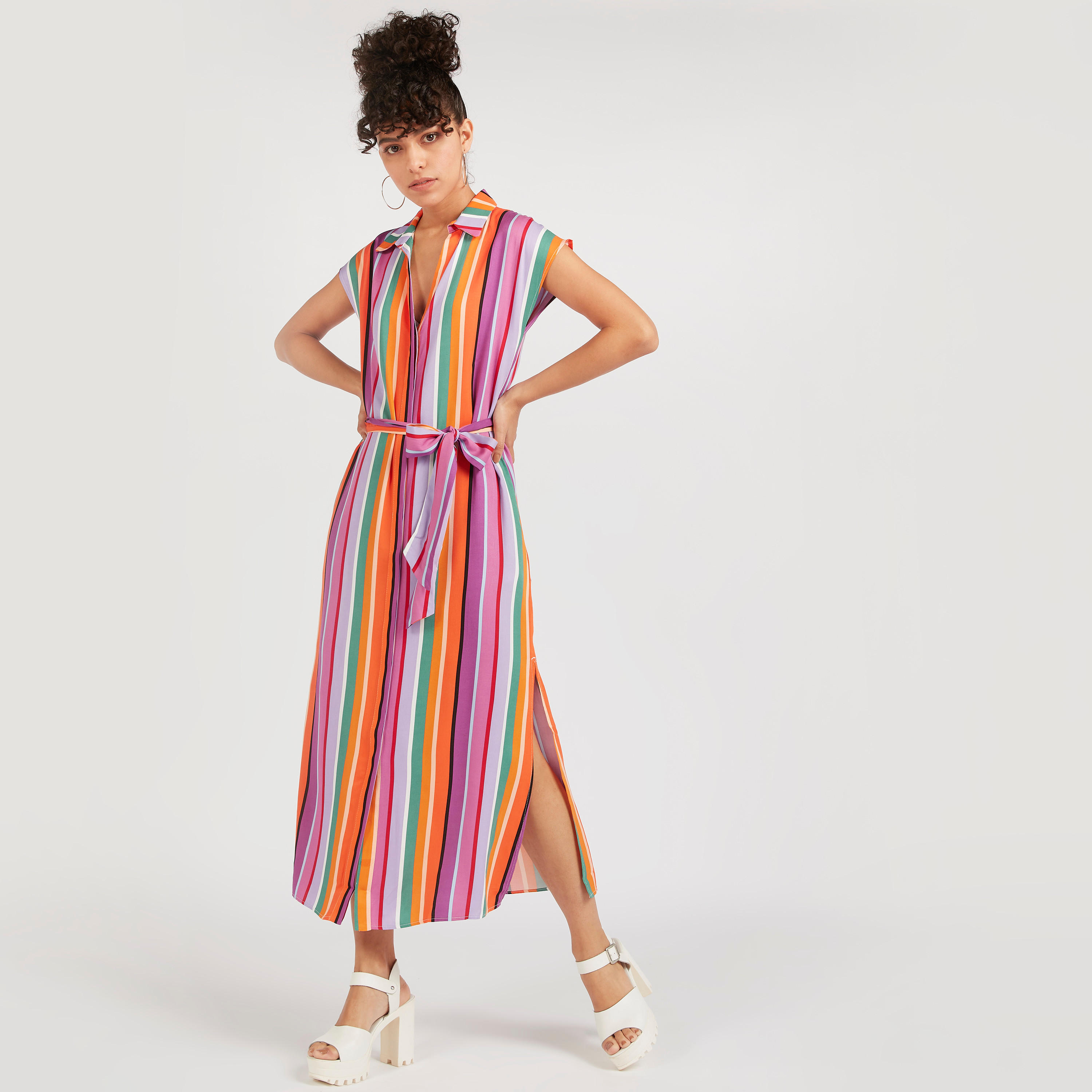 Striped Midi A-line Belted Dress with Cap Sleeves-women-clothing-dresses-image-6