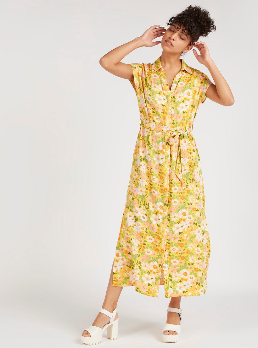 فستان إيه لاين طويل بطبعات أزهار وأربطة خصر وأكمام كاب-women-clothing-dresses-image-1