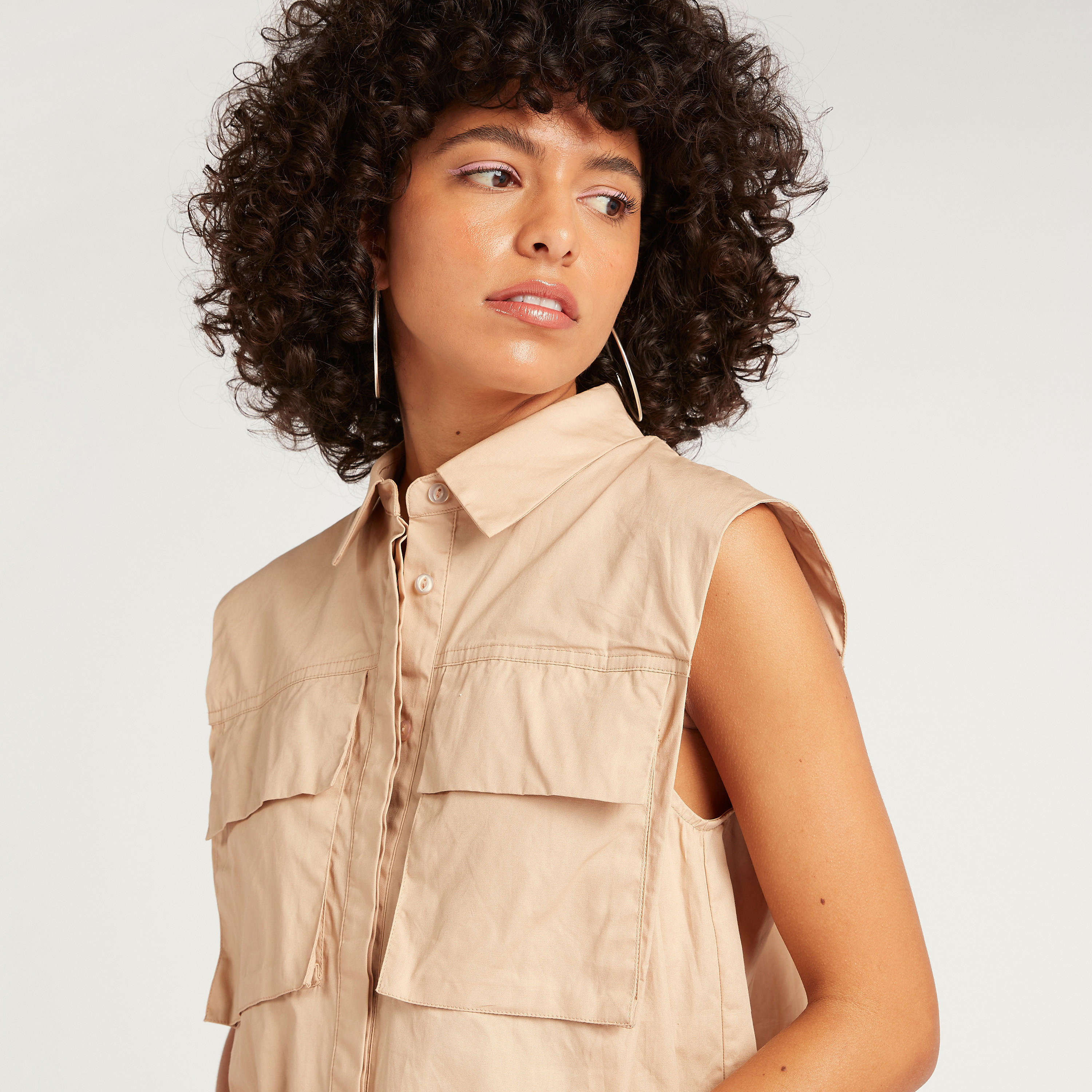 Solid Longline Sleeveless Shirt with Flap Pockets-women-clothing-shirtsandblouses-shirts-image-3
