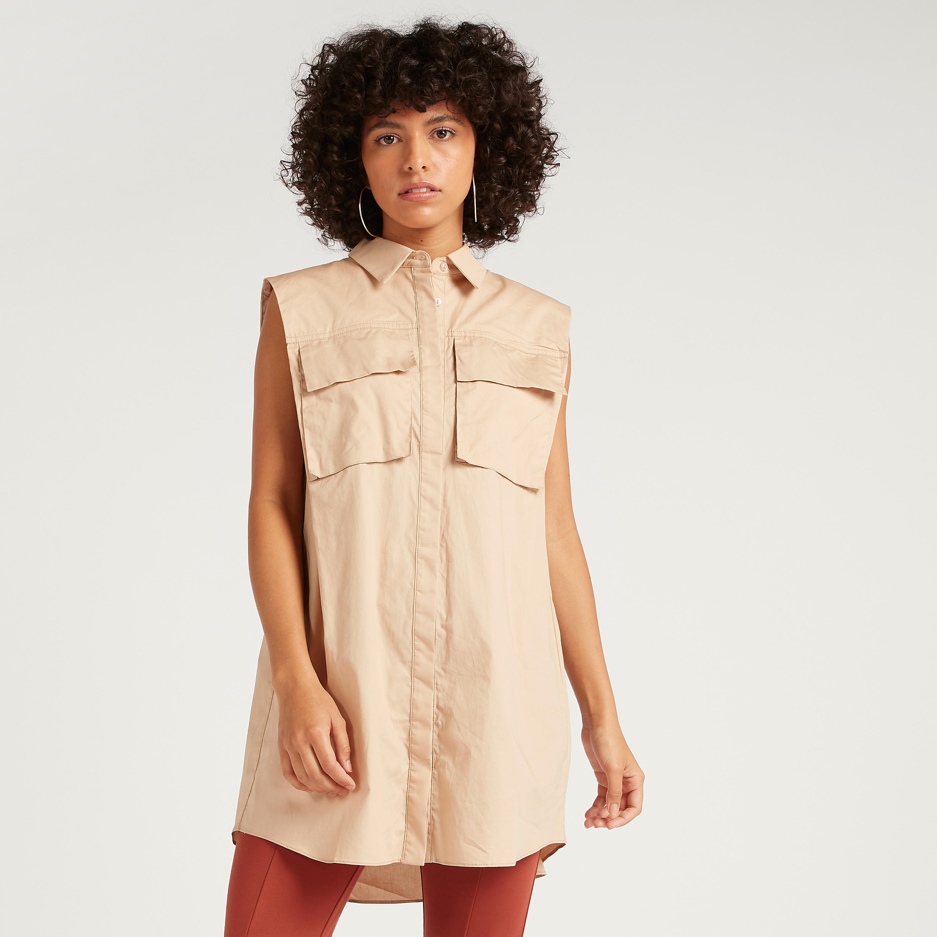 Solid Longline Sleeveless Shirt with Flap Pockets-women-clothing-shirtsandblouses-shirts-image-5