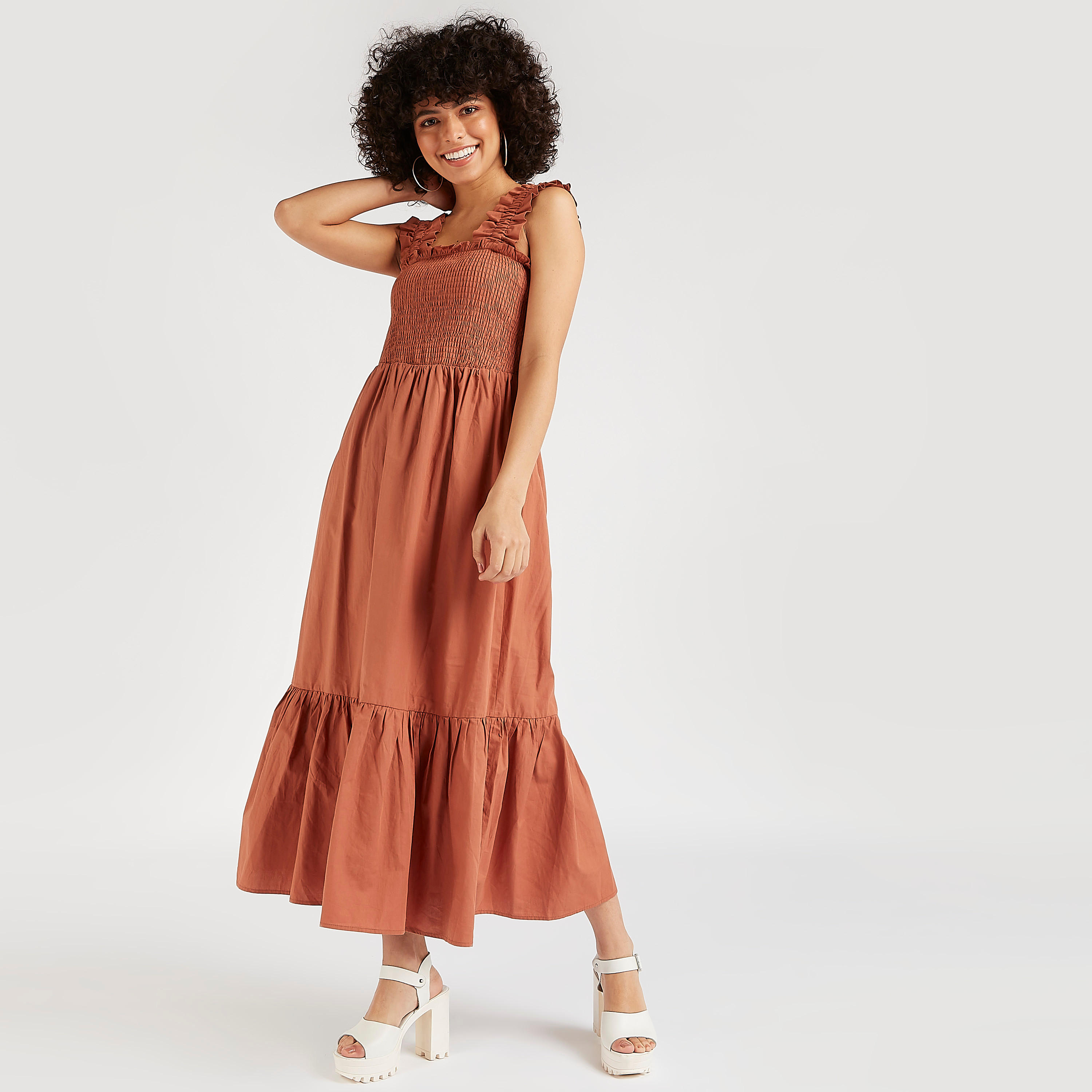فستان ميدي إيه لاين بارز الملمس دون أكمام بتفاصيل كشكش-women-clothing-dresses-image-2