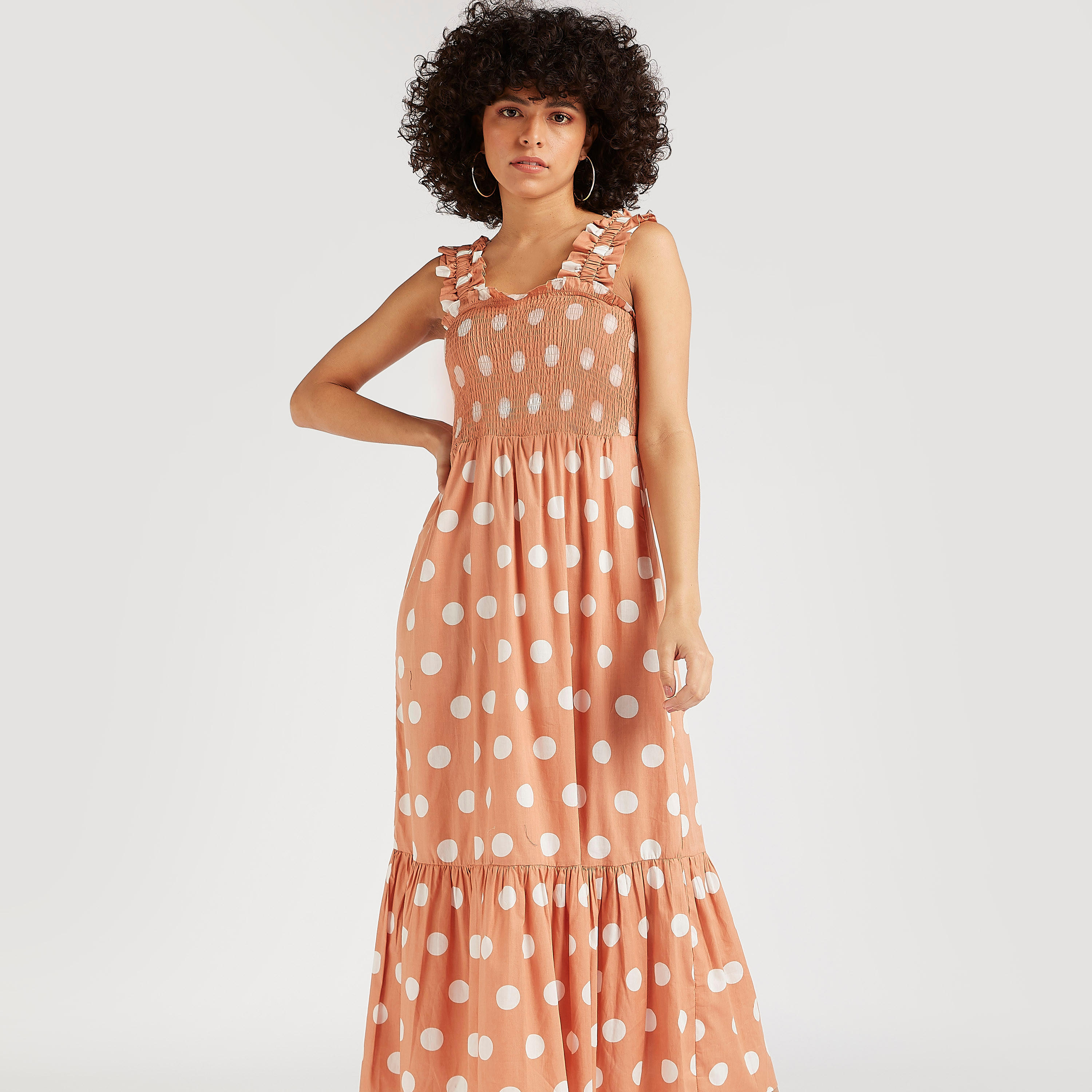 فستان ميدي إيه لاين دون أكمام بدرزات وطبعات منقطة-women-clothing-dresses-image-1