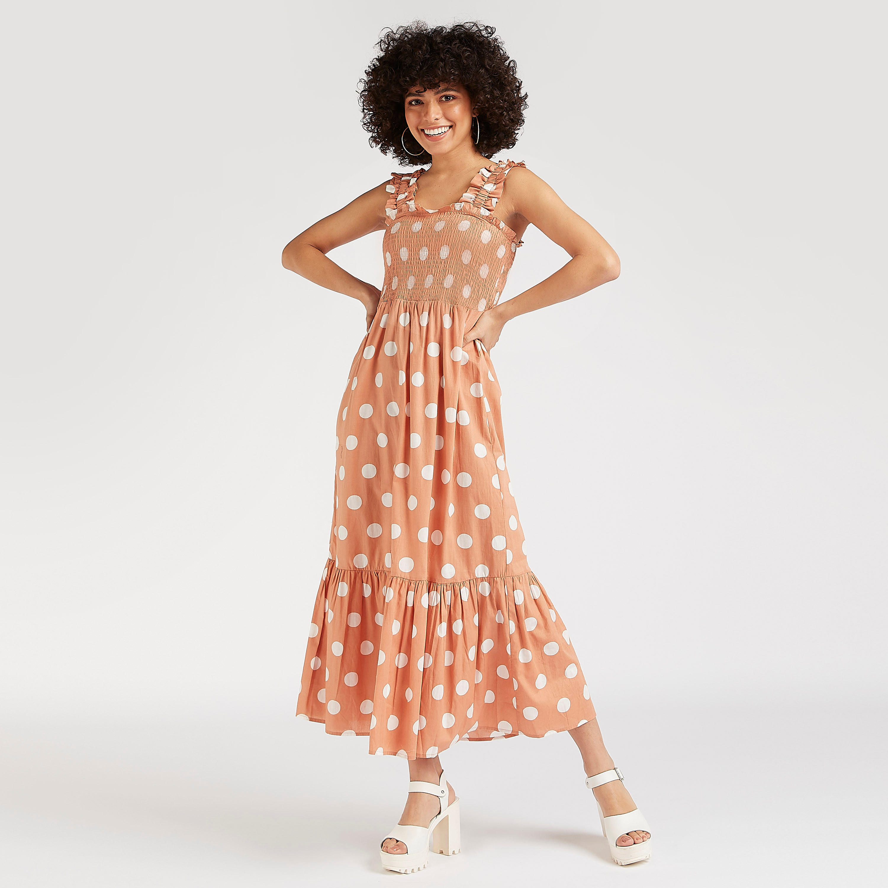 فستان ميدي إيه لاين دون أكمام بدرزات وطبعات منقطة-women-clothing-dresses-image-2