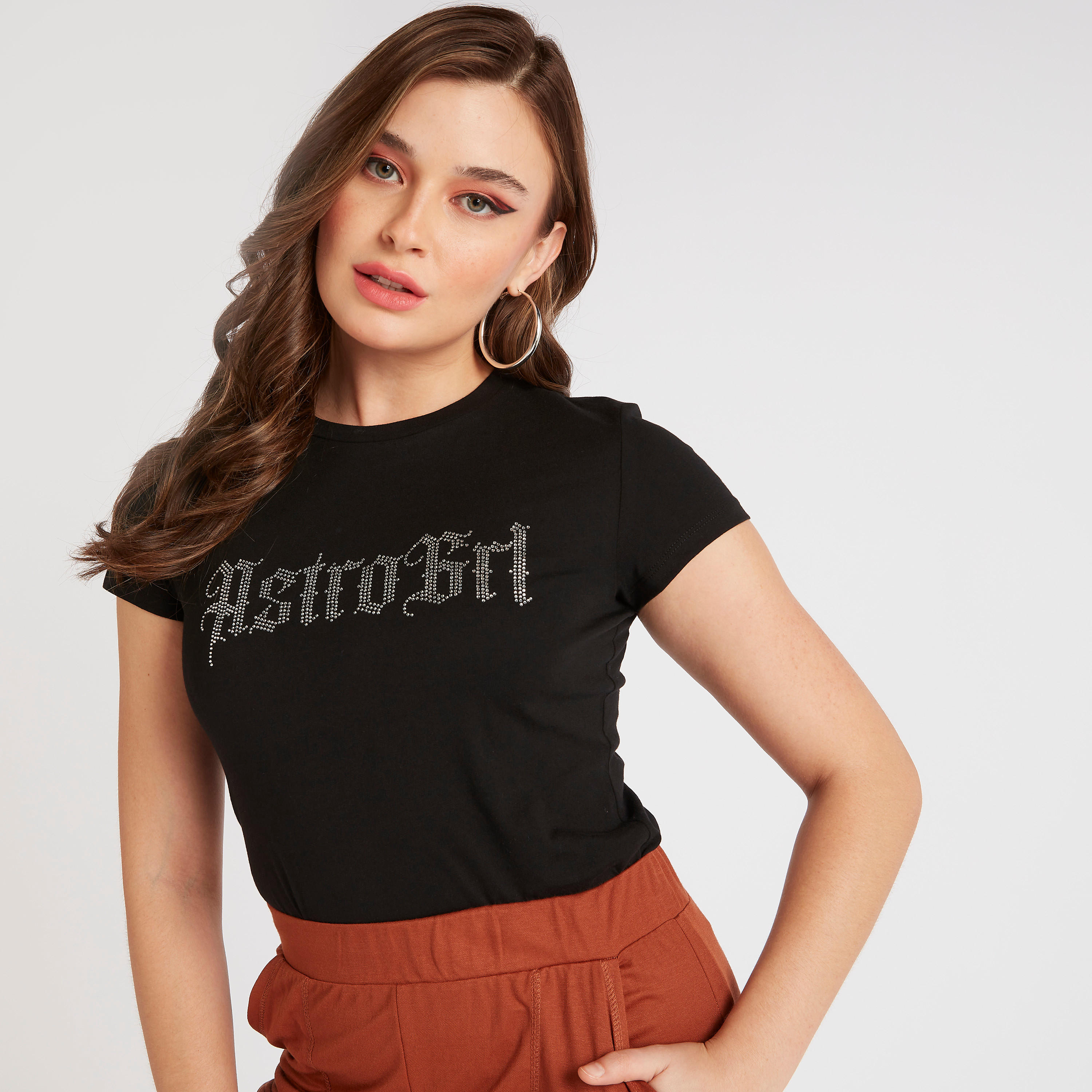 Embellished Crew Neck T-shirt with Cap Sleeves-women-clothing-tshirts-image-1