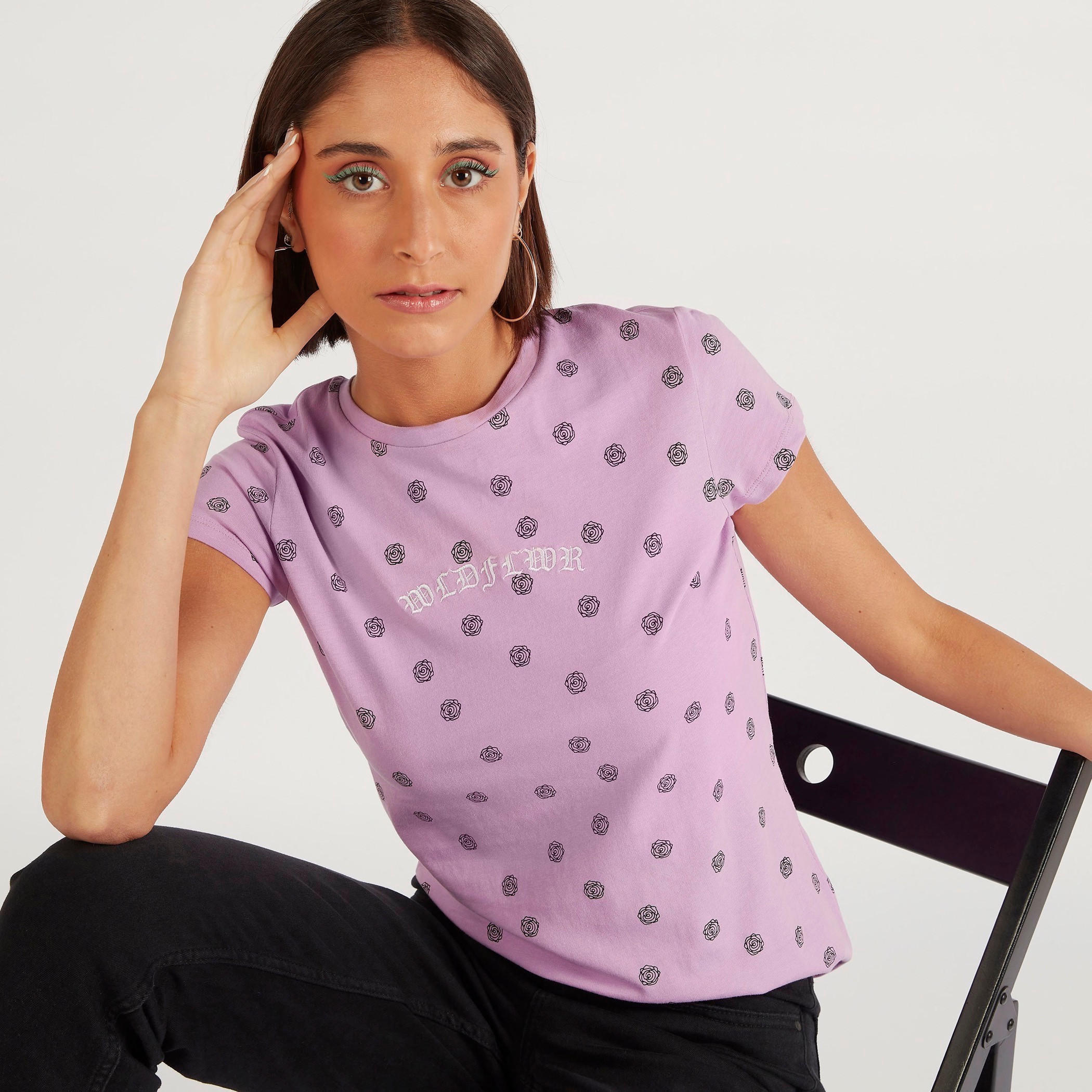 Printed Crew Neck T-shirt with Cap Sleeves-women-clothing-tshirts-image-1