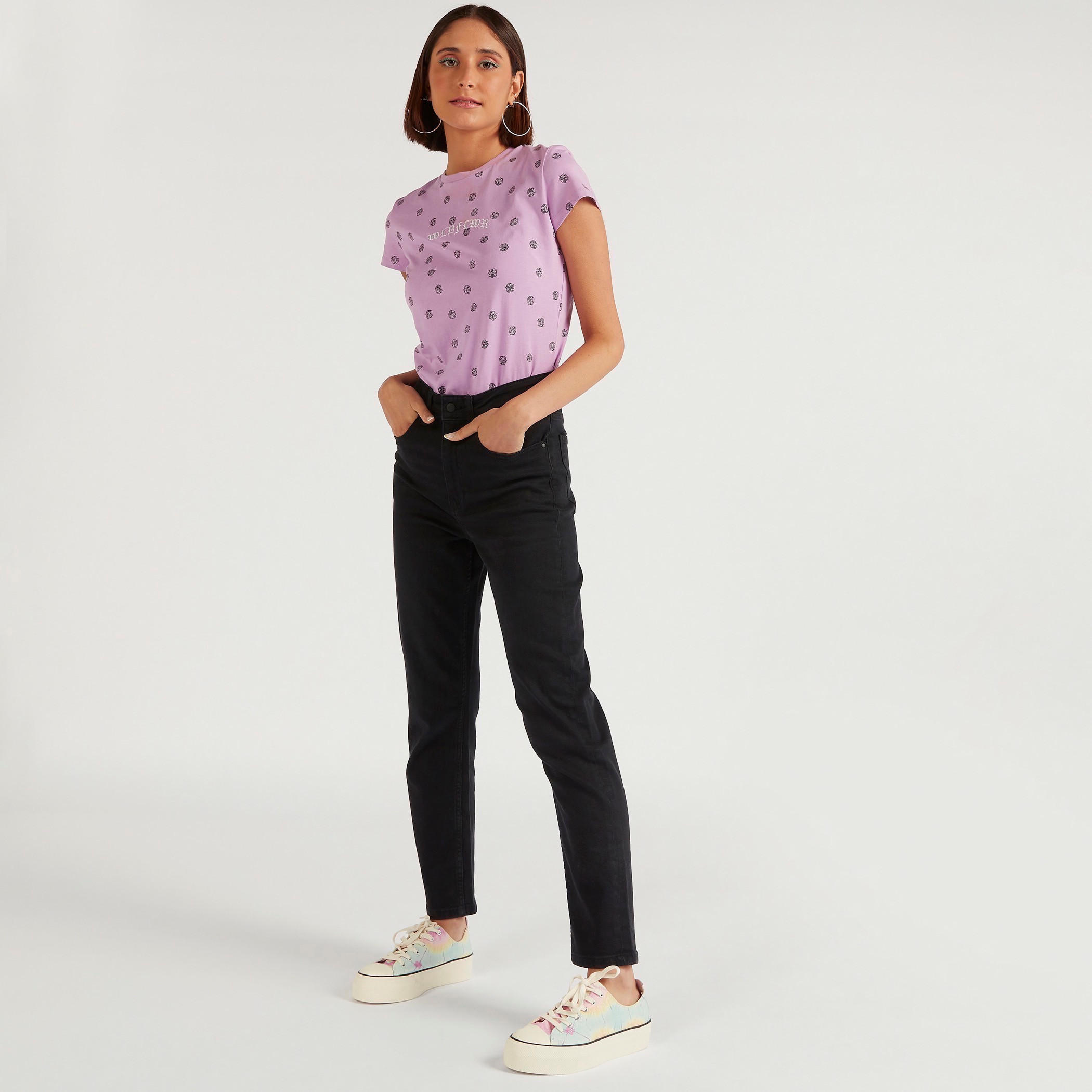 Printed Crew Neck T-shirt with Cap Sleeves-women-clothing-tshirts-image-2