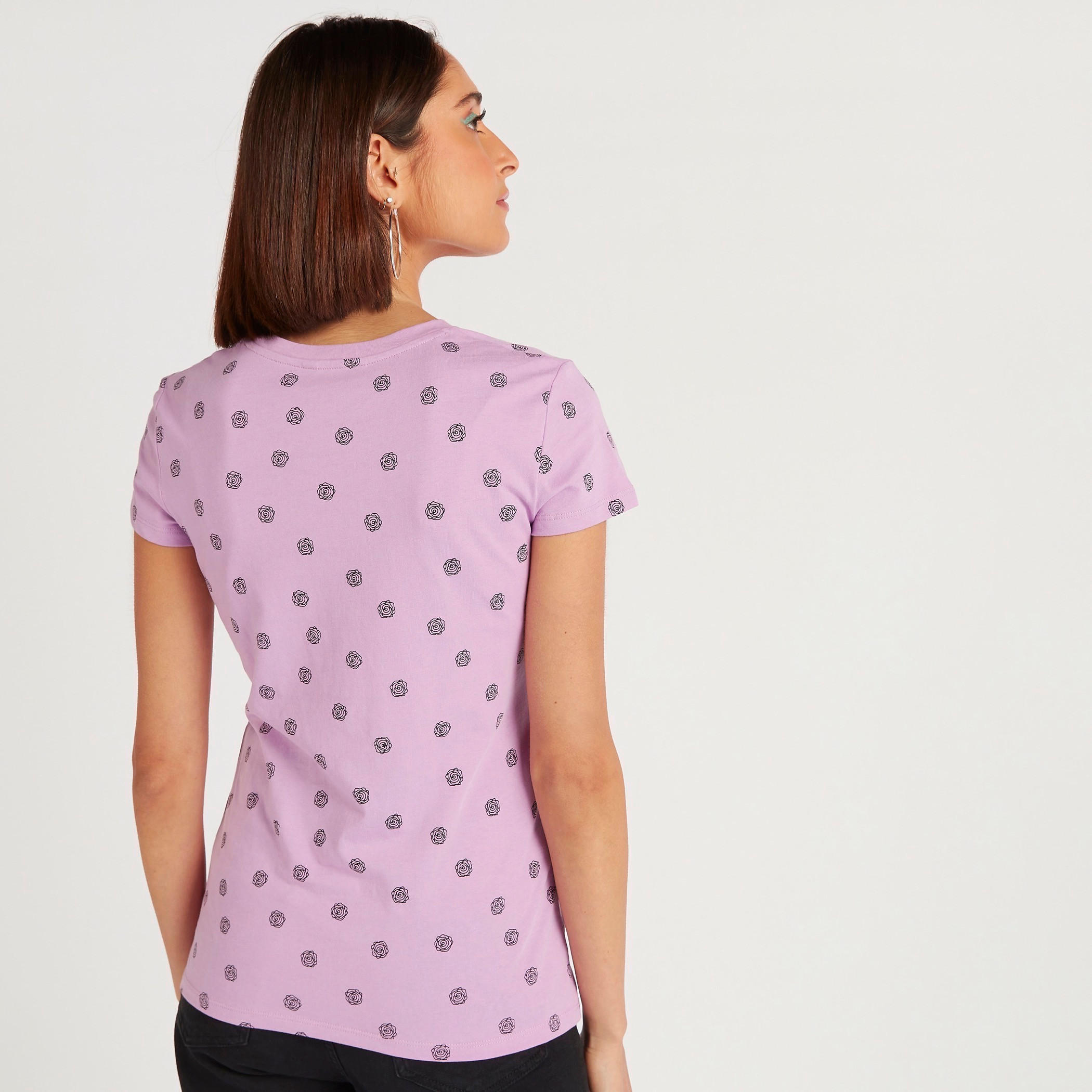 Printed Crew Neck T-shirt with Cap Sleeves-women-clothing-tshirts-image-4