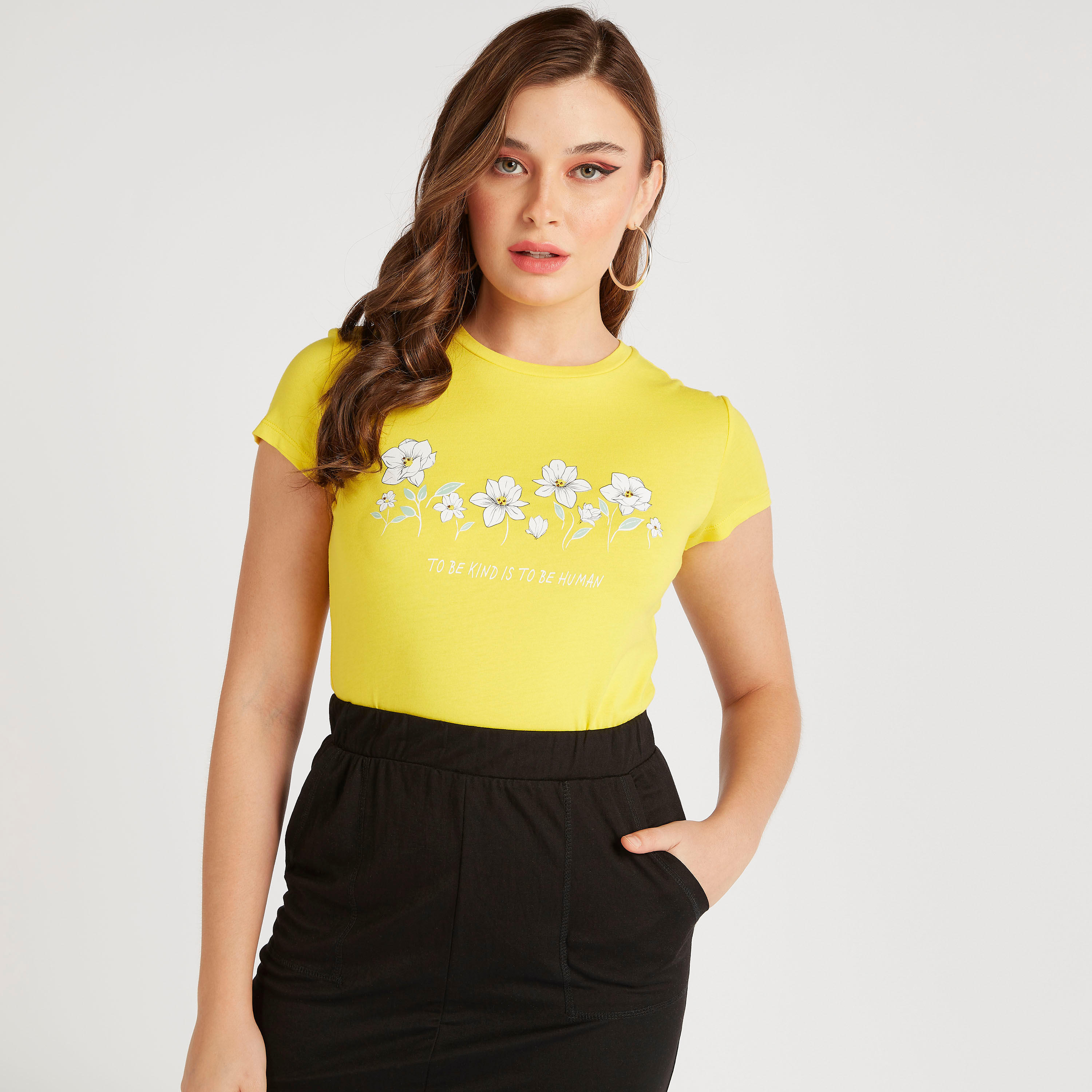 Printed Crew Neck T-shirt with Cap Sleeves-women-clothing-tshirts-image-5