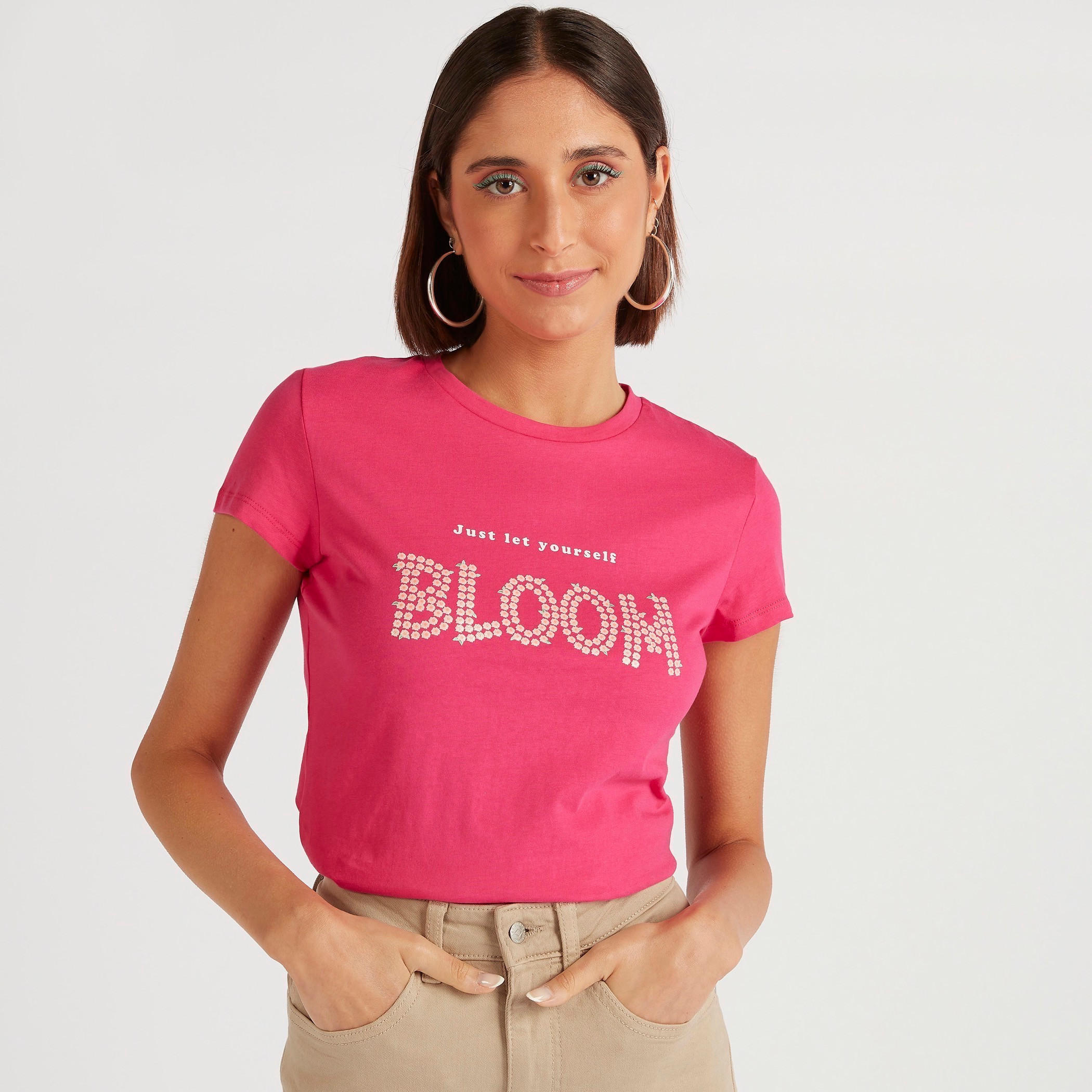 Text Print Crew Neck T-shirt with Cap Sleeves-women-clothing-tshirts-image-1
