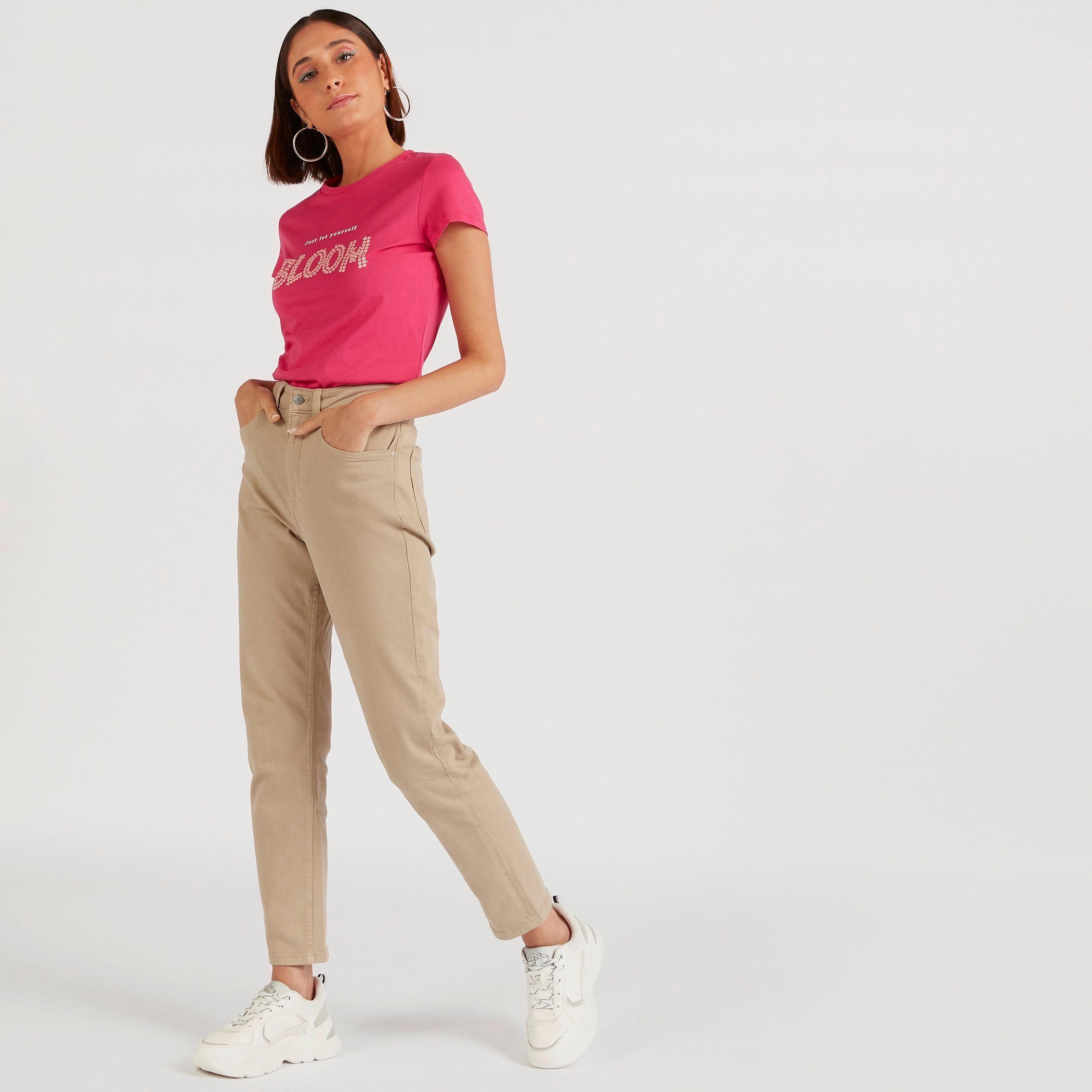 Text Print Crew Neck T-shirt with Cap Sleeves-women-clothing-tshirts-image-2