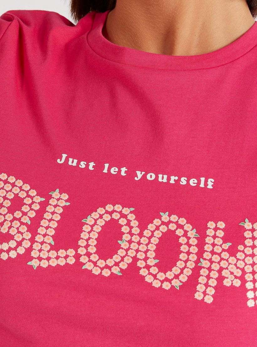 Text Print Crew Neck T-shirt with Cap Sleeves-women-clothing-tshirts-image-3