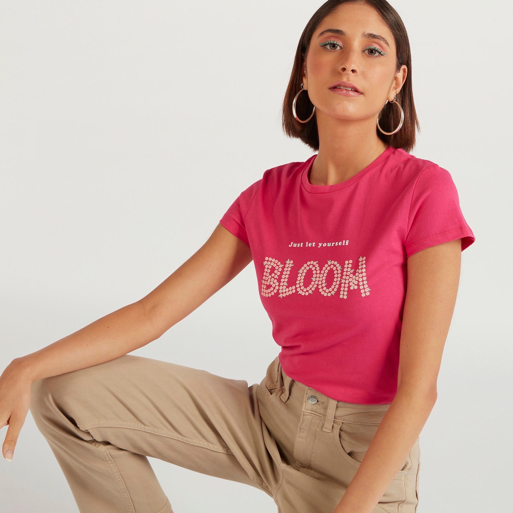 Text Print Crew Neck T-shirt with Cap Sleeves-women-clothing-tshirts-image-5