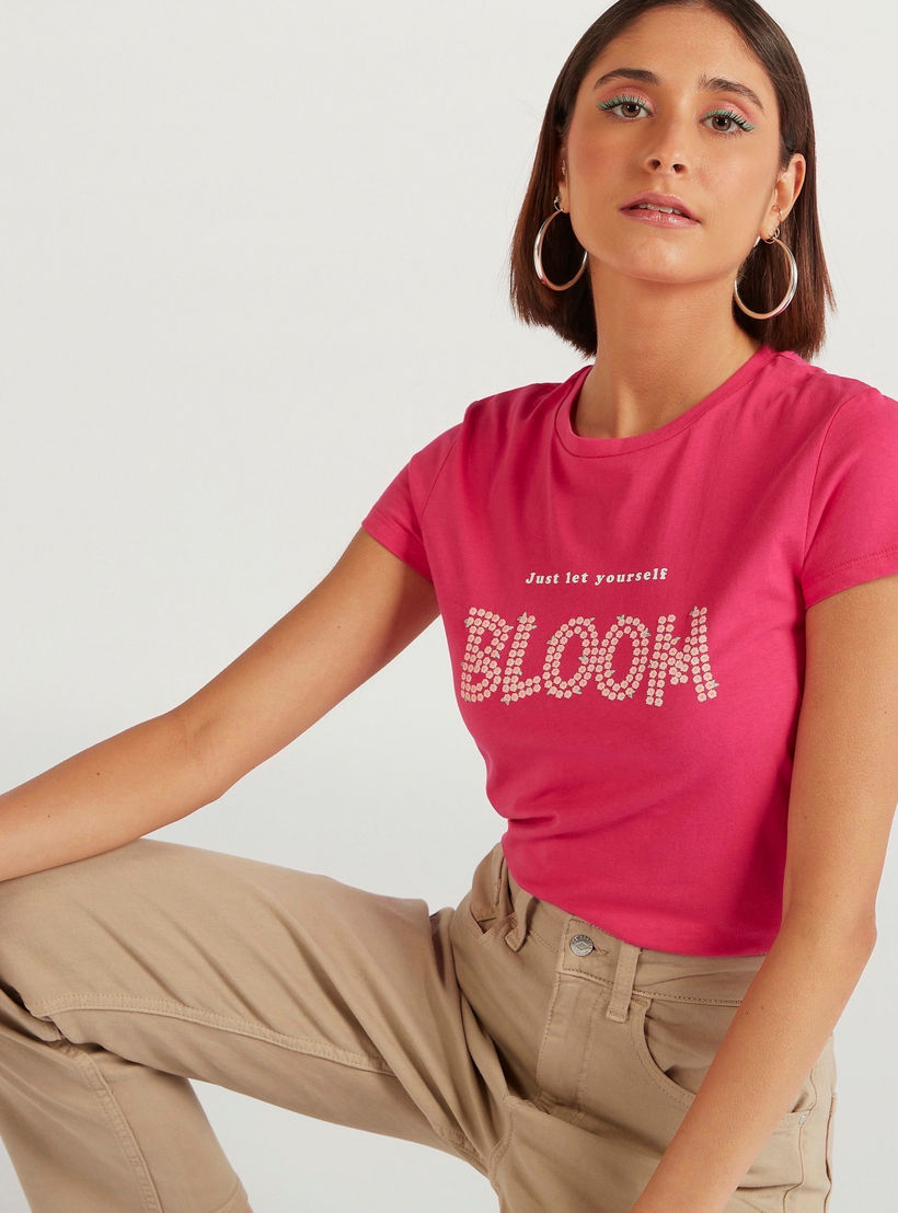 Text Print Crew Neck T-shirt with Cap Sleeves-women-clothing-tshirts-image-5