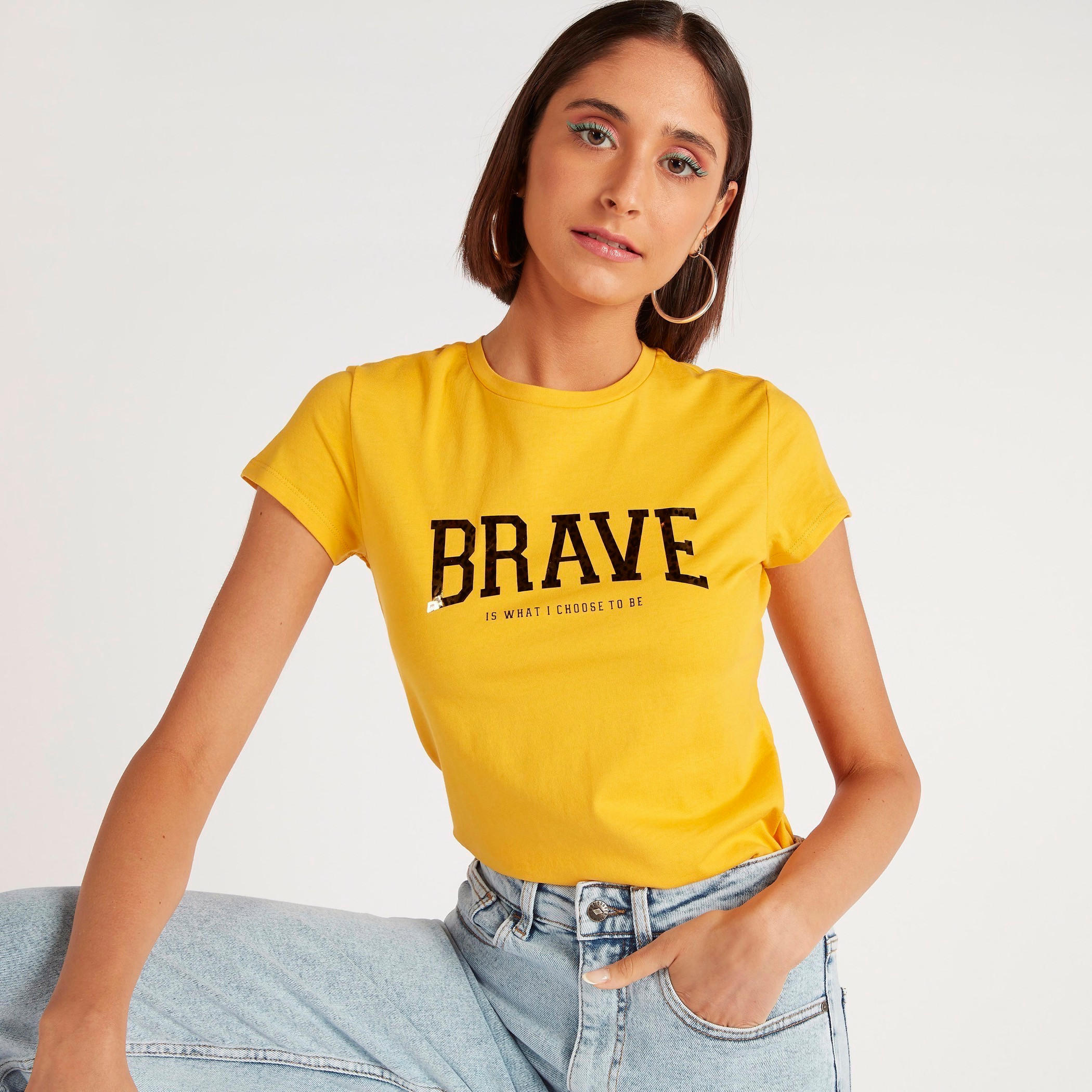 Text Print Crew Neck T-shirt with Cap Sleeves-women-clothing-tshirts-image-1