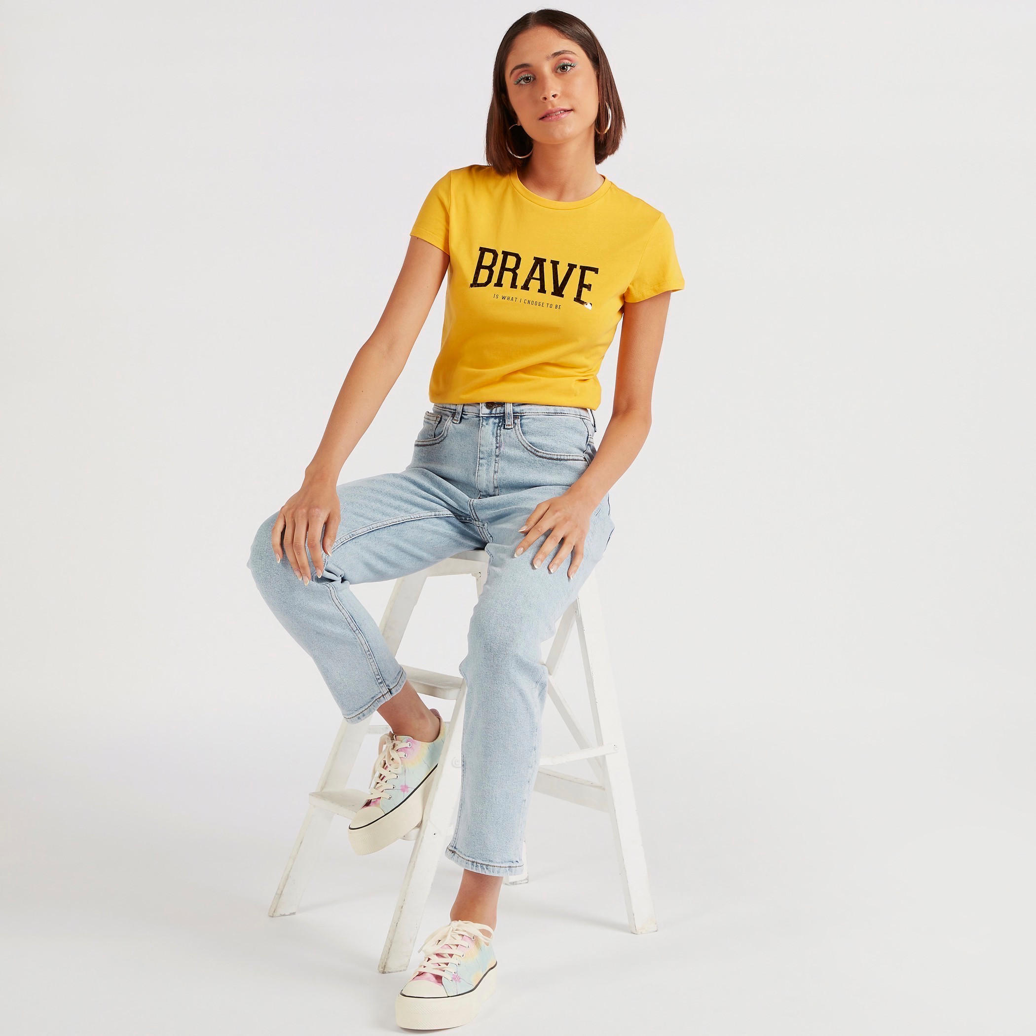 Text Print Crew Neck T-shirt with Cap Sleeves-women-clothing-tshirts-image-2