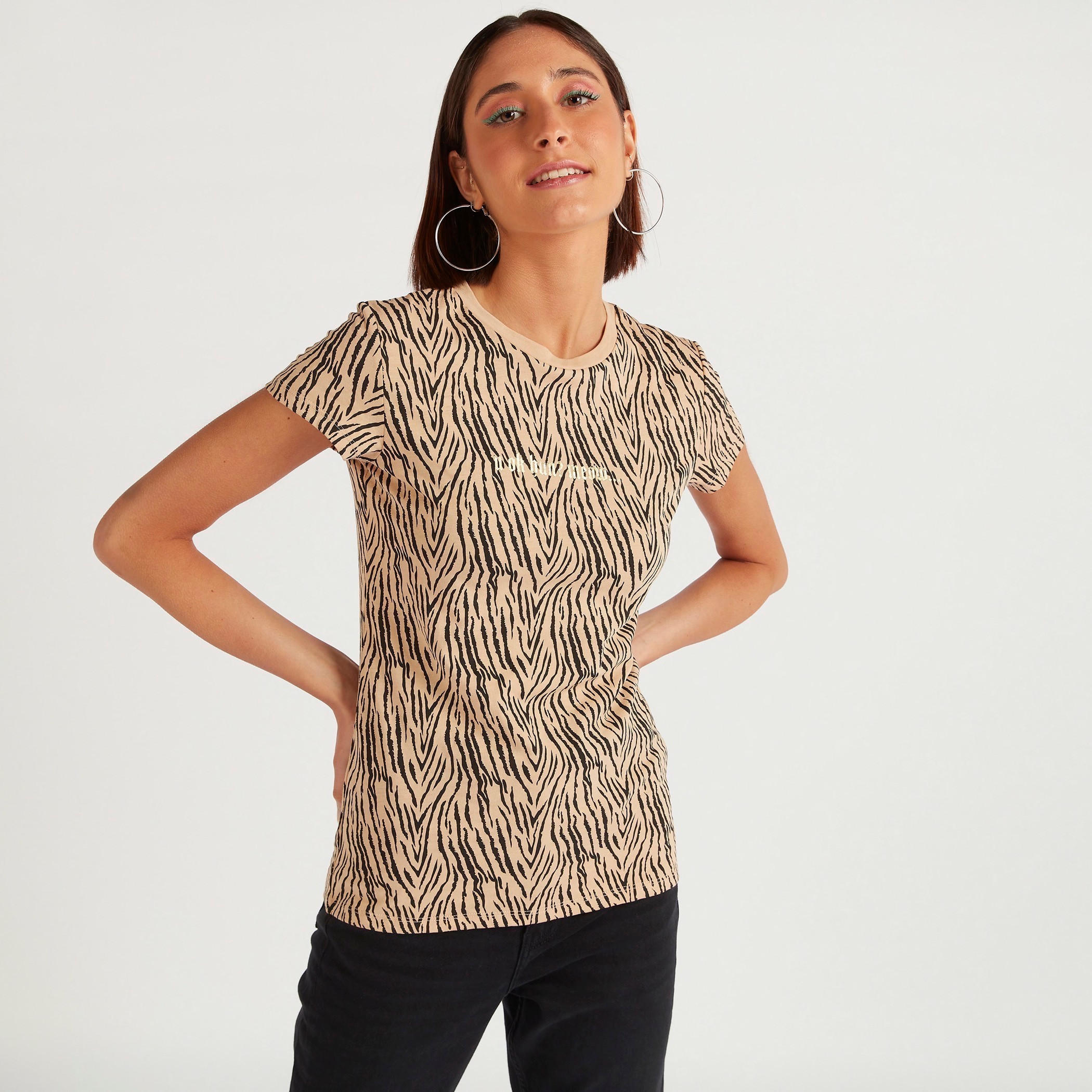 Animal Print Crew Neck T-shirt with Cap Sleeves-women-clothing-tshirts-image-1