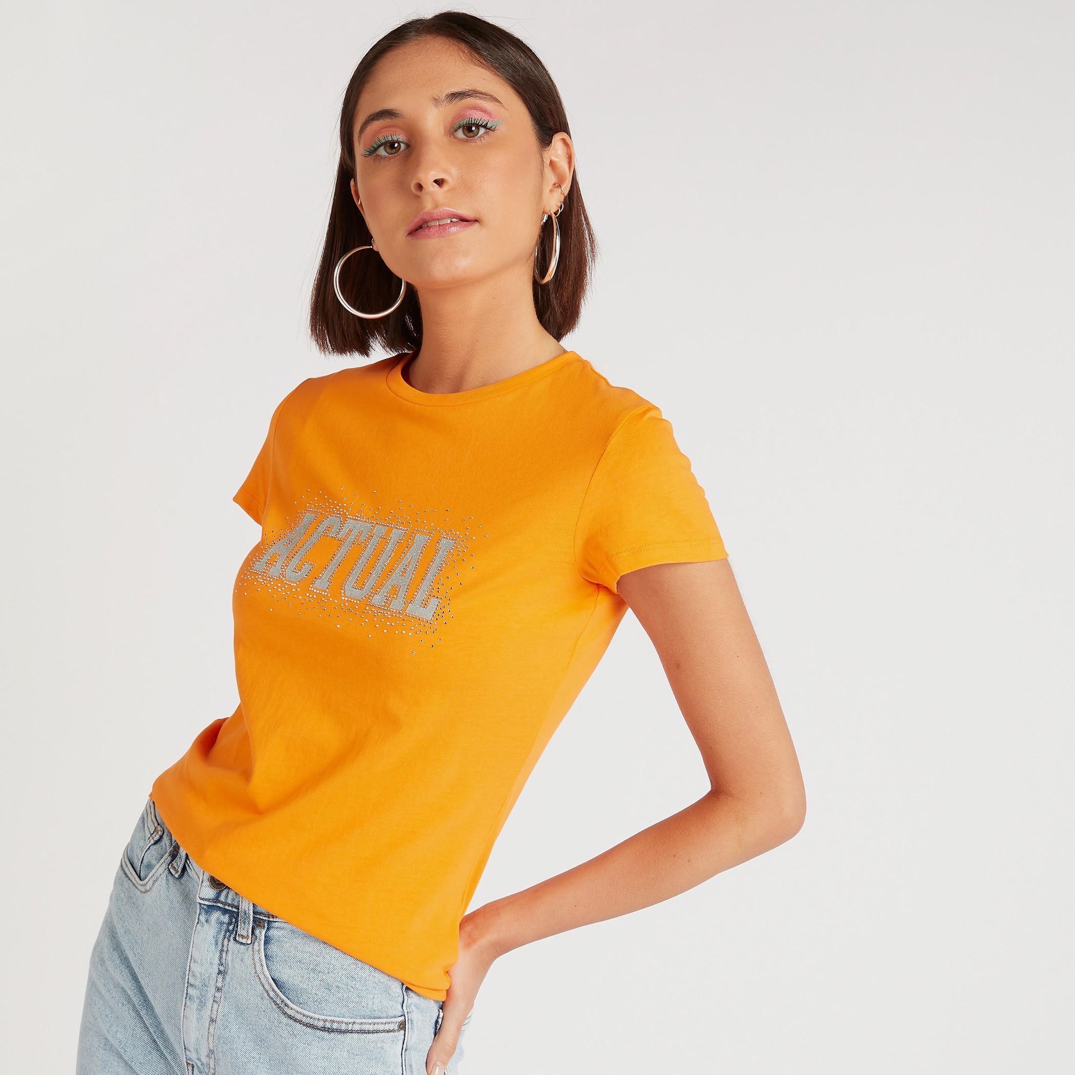Printed Crew Neck T-shirt with Cap Sleeves-women-clothing-tshirts-image-1