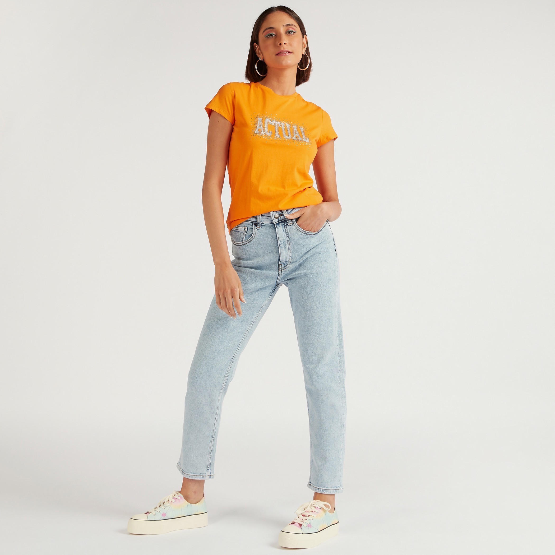 Printed Crew Neck T-shirt with Cap Sleeves-women-clothing-tshirts-image-2