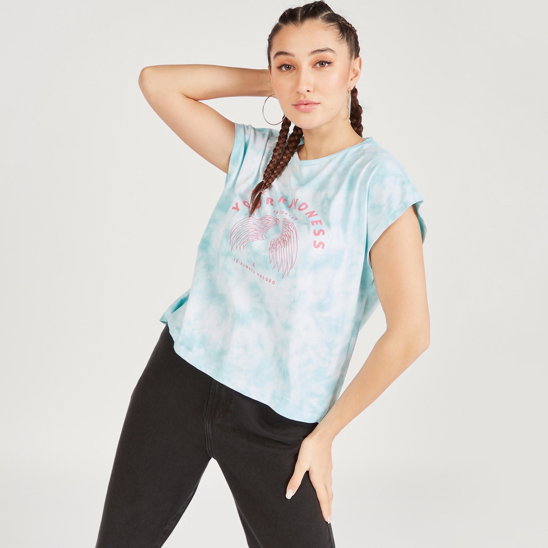 تيشيرت بأكمام كاب وطبعات مصبوغة-women-clothing-tshirts-image-1