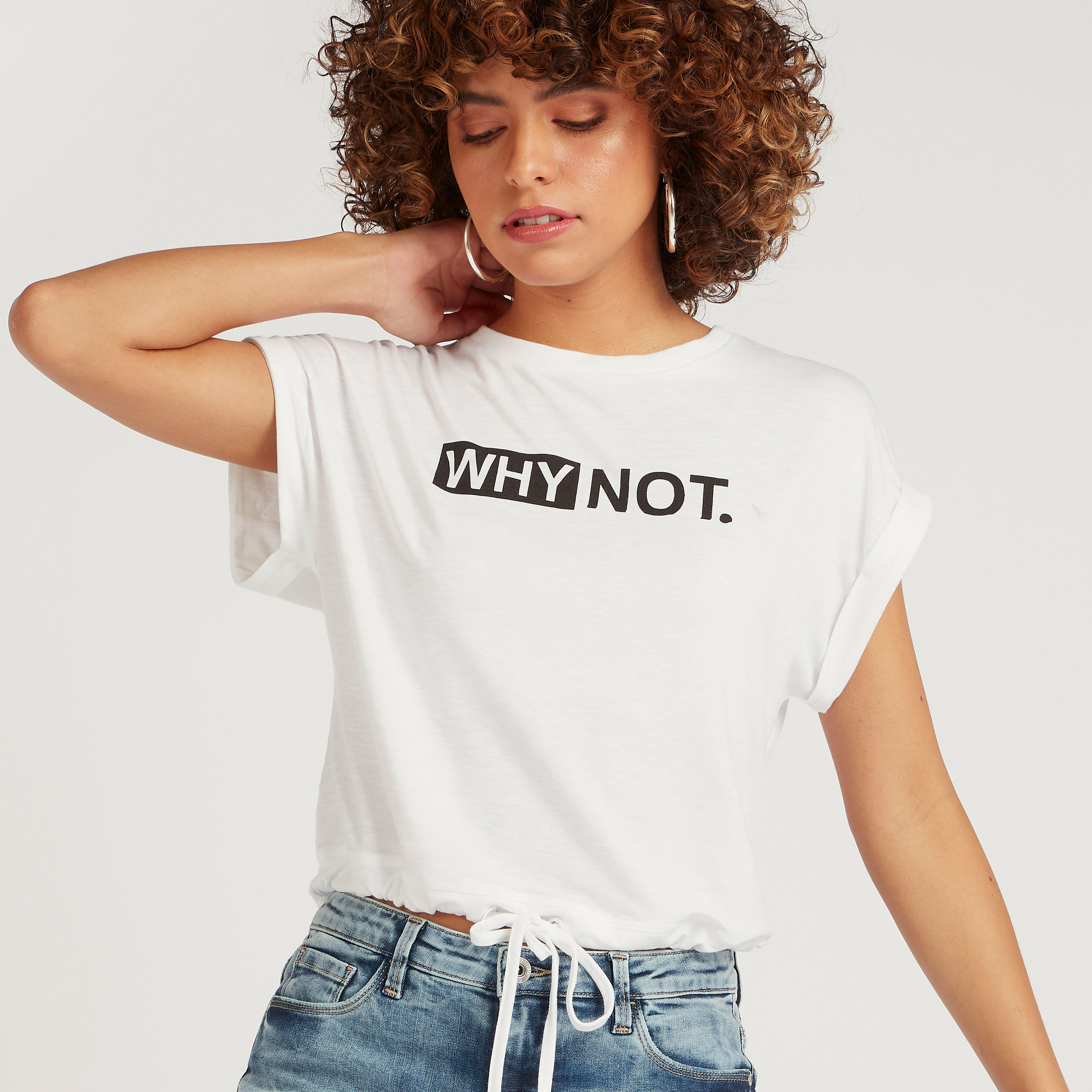 Typographic Print T-shirt with Cap Sleeves and Crew Neck-women-clothing-tshirts-image-1