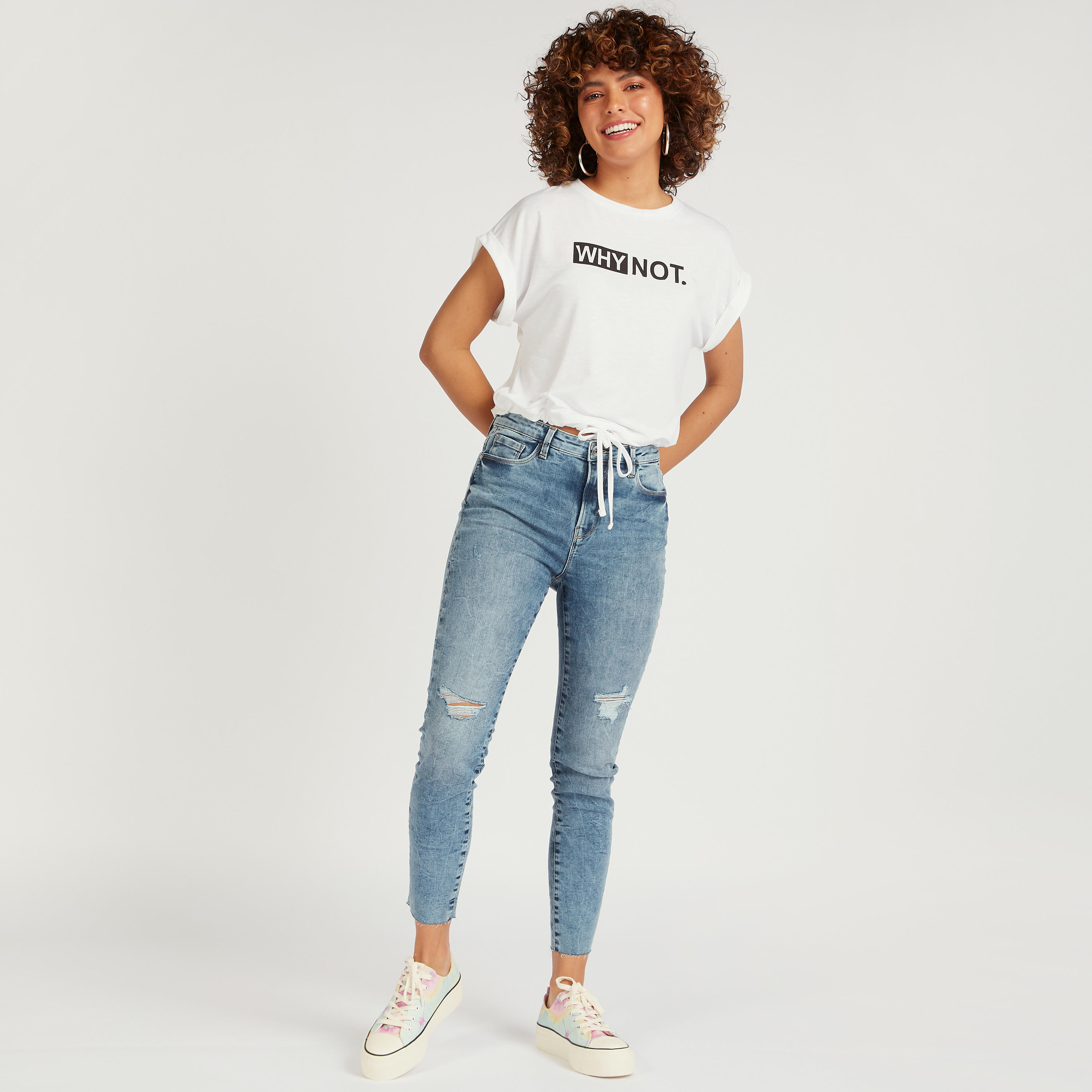 Typographic Print T-shirt with Cap Sleeves and Crew Neck-women-clothing-tshirts-image-2