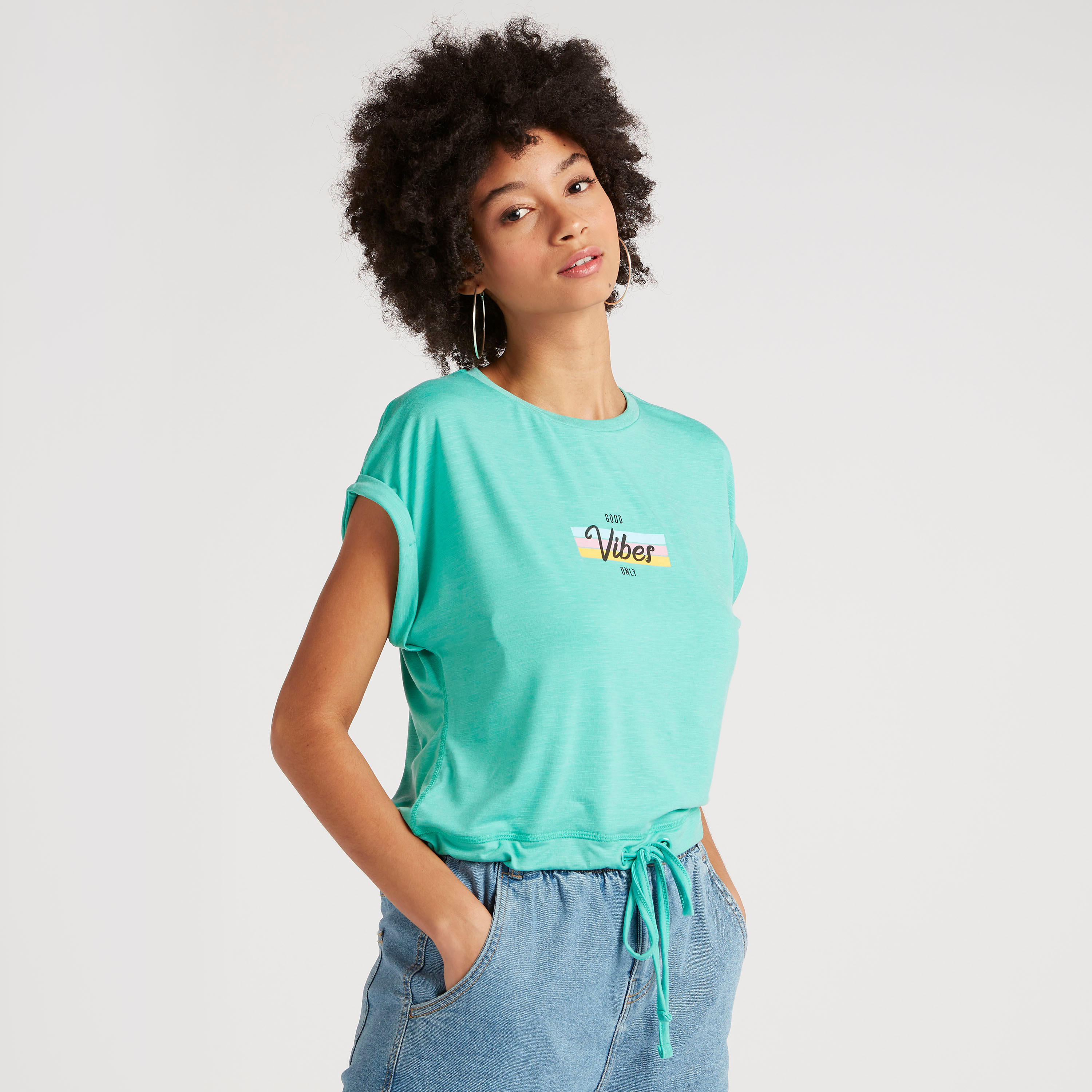 Printed T-shirt with Cap Sleeves and Crew Neck-women-clothing-tshirts-image-1