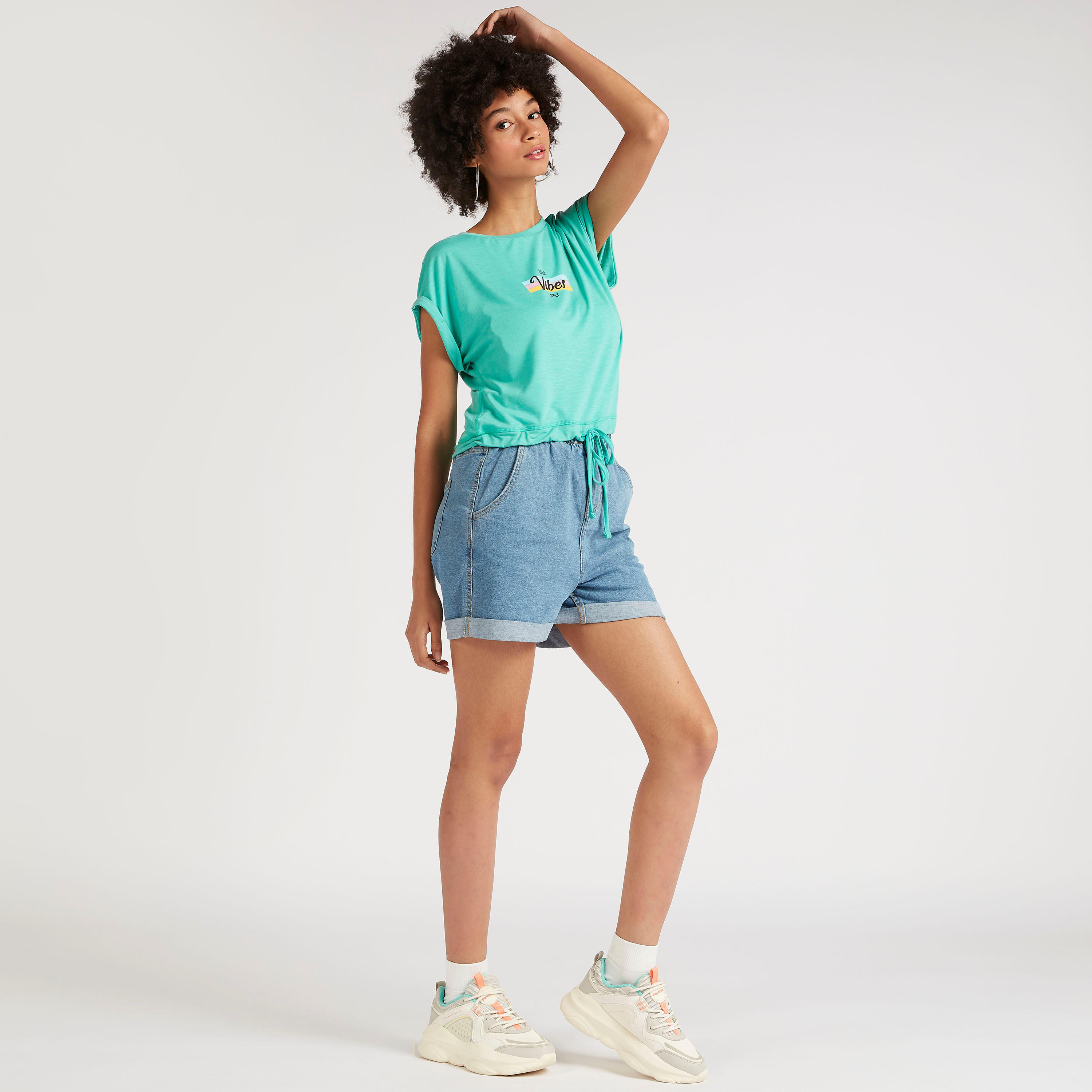 Printed T-shirt with Cap Sleeves and Crew Neck-women-clothing-tshirts-image-2