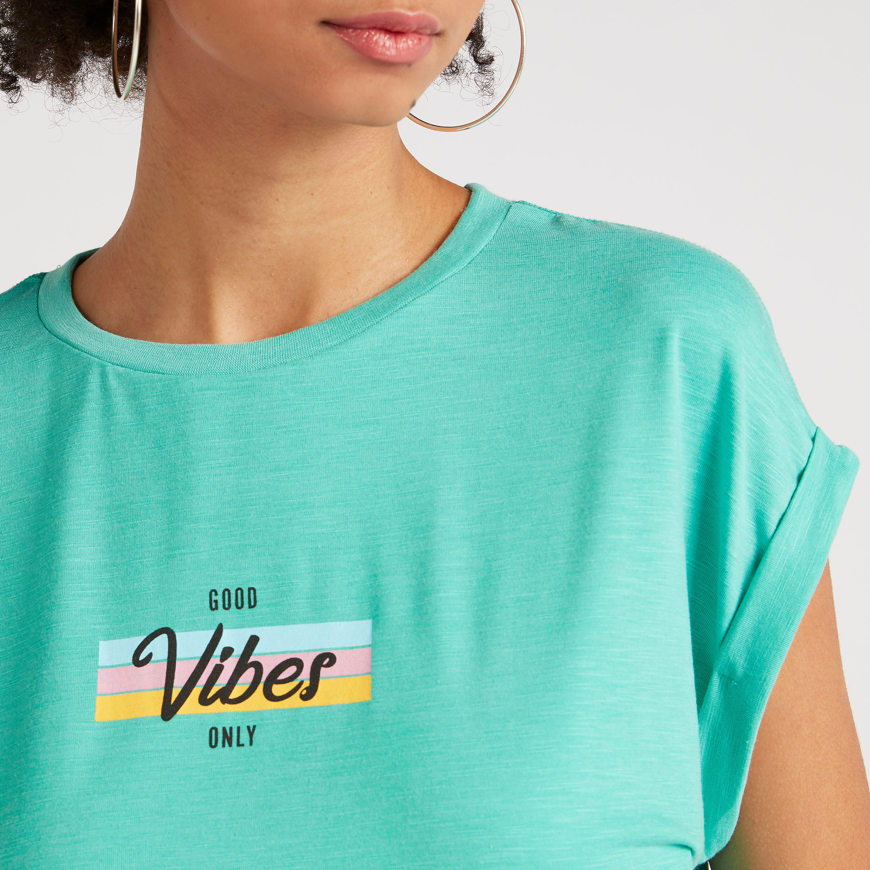 Printed T-shirt with Cap Sleeves and Crew Neck-women-clothing-tshirts-image-3