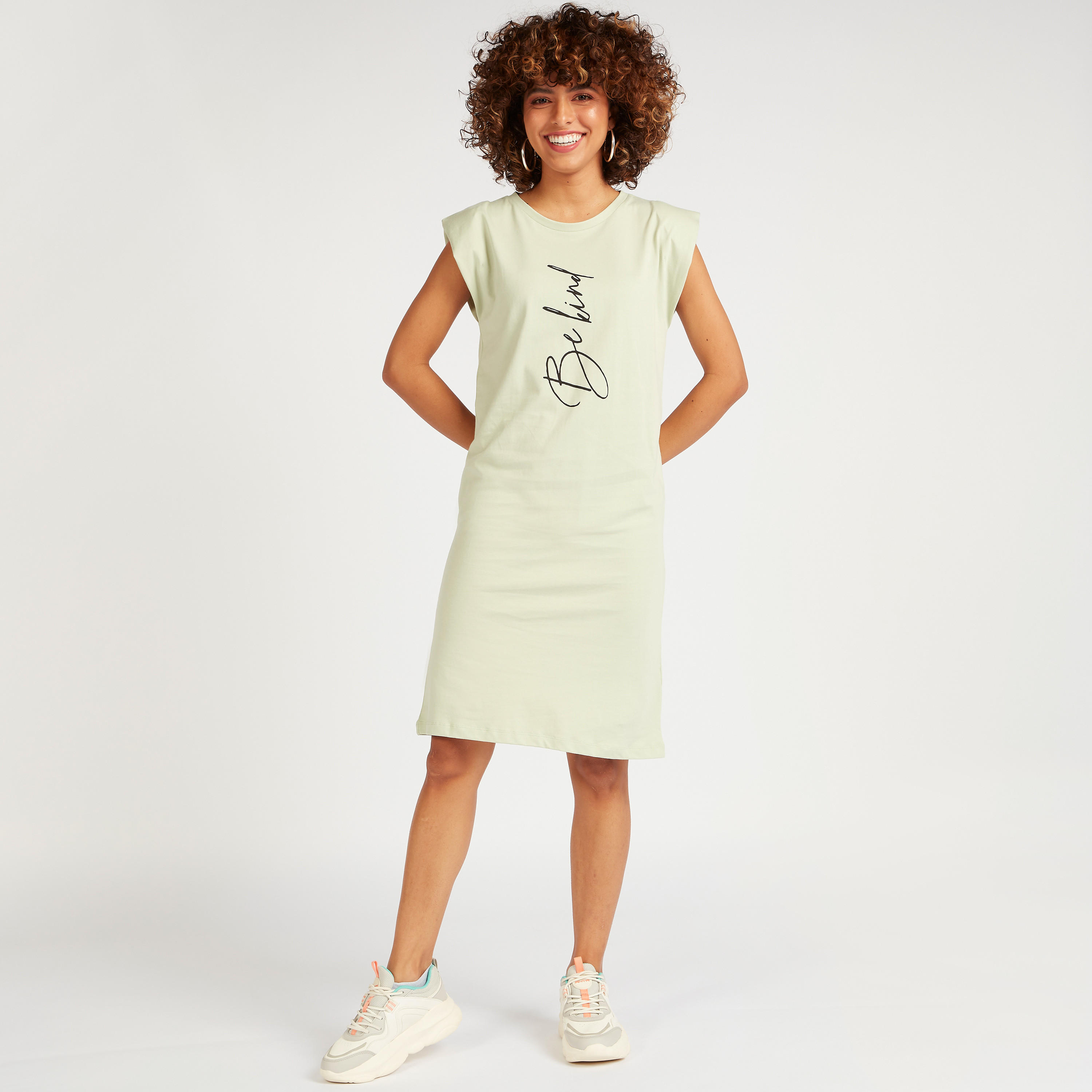 Printed Round Neck Midi T-shirt Dress with Cap Sleeves-women-clothing-dresses-image-2