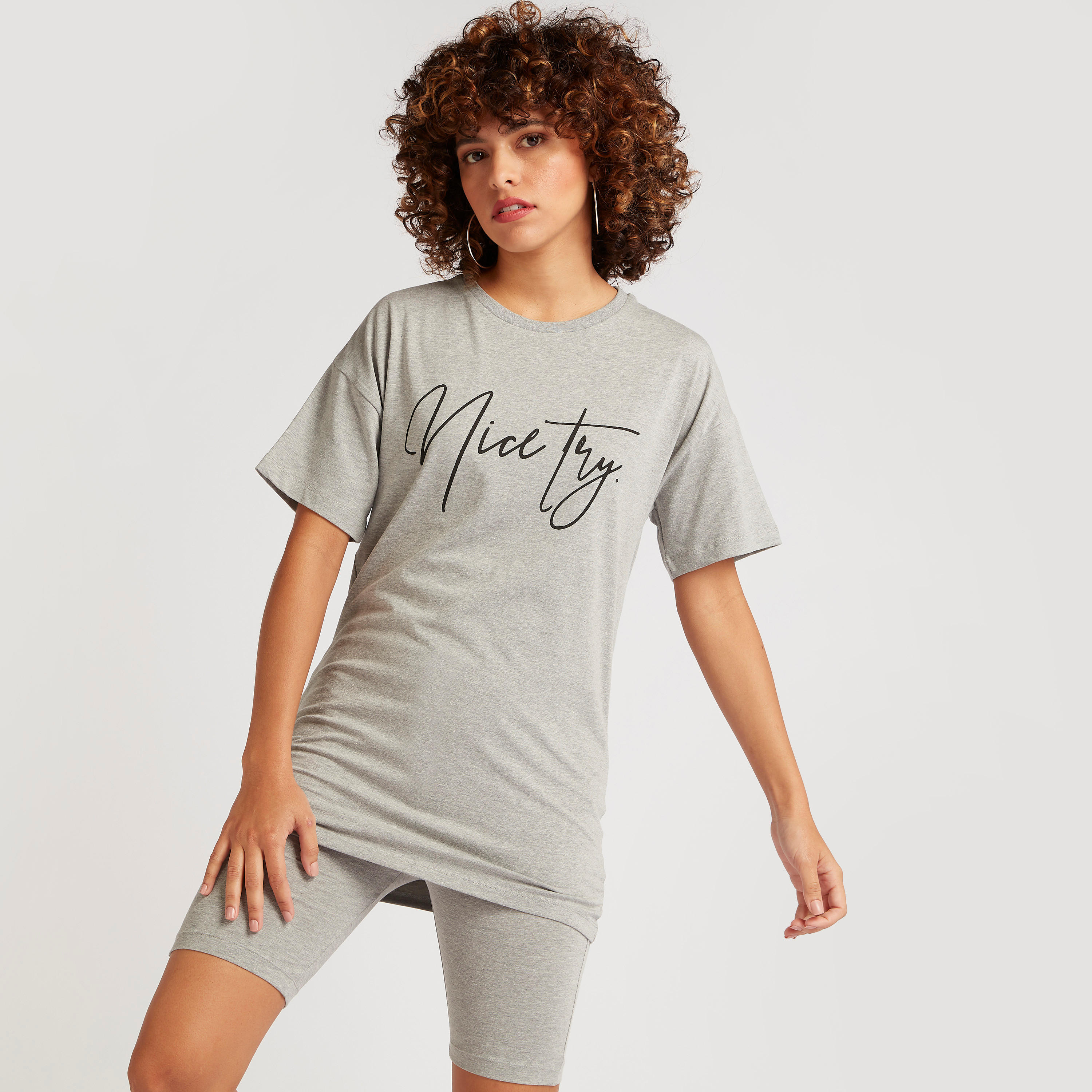 Typographic Print Longline T-shirt with Short Sleeves-women-clothing-tshirts-image-1