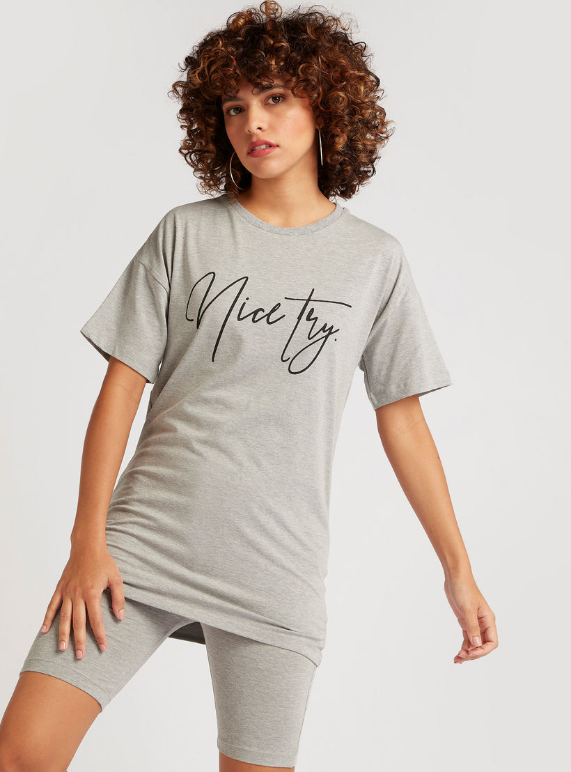 Typographic Print Longline T-shirt with Short Sleeves-women-clothing-tshirts-image-1
