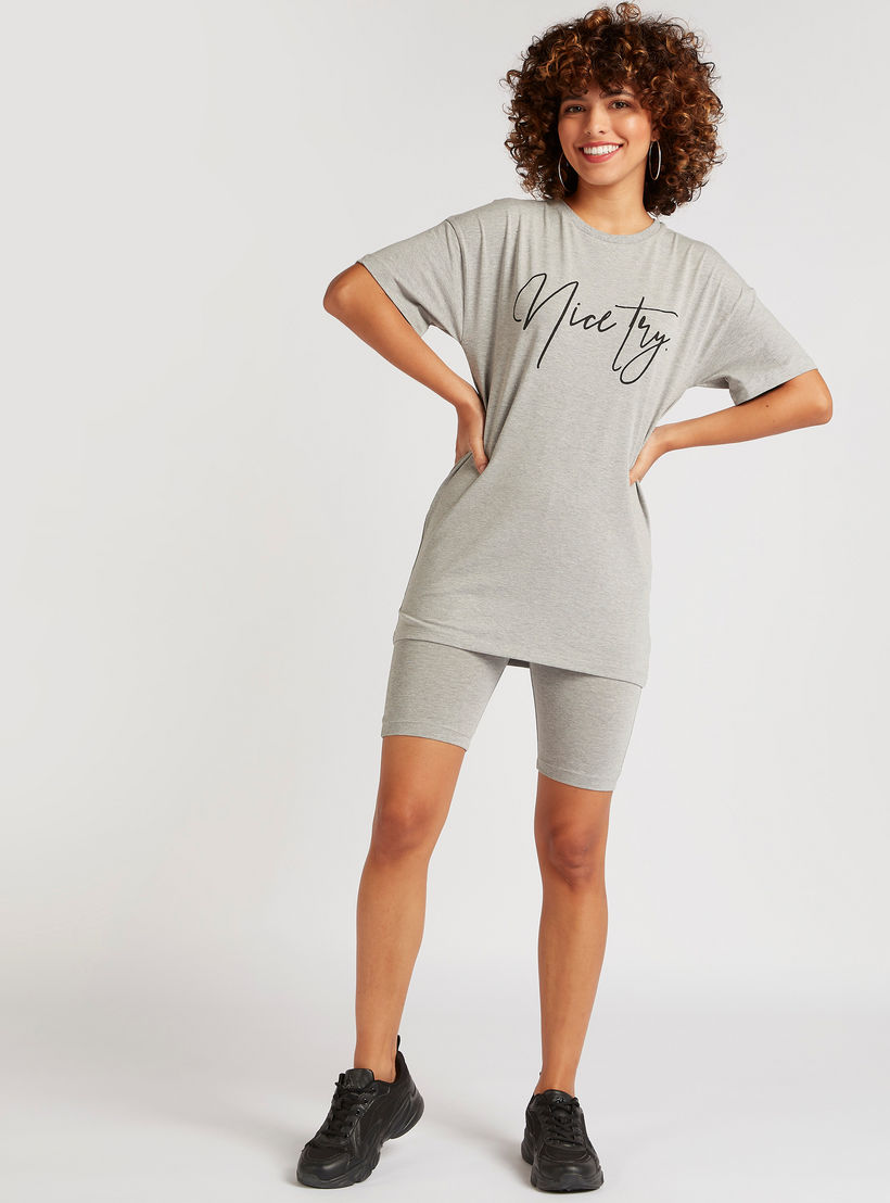 Typographic Print Longline T-shirt with Short Sleeves-women-clothing-tshirts-image-2